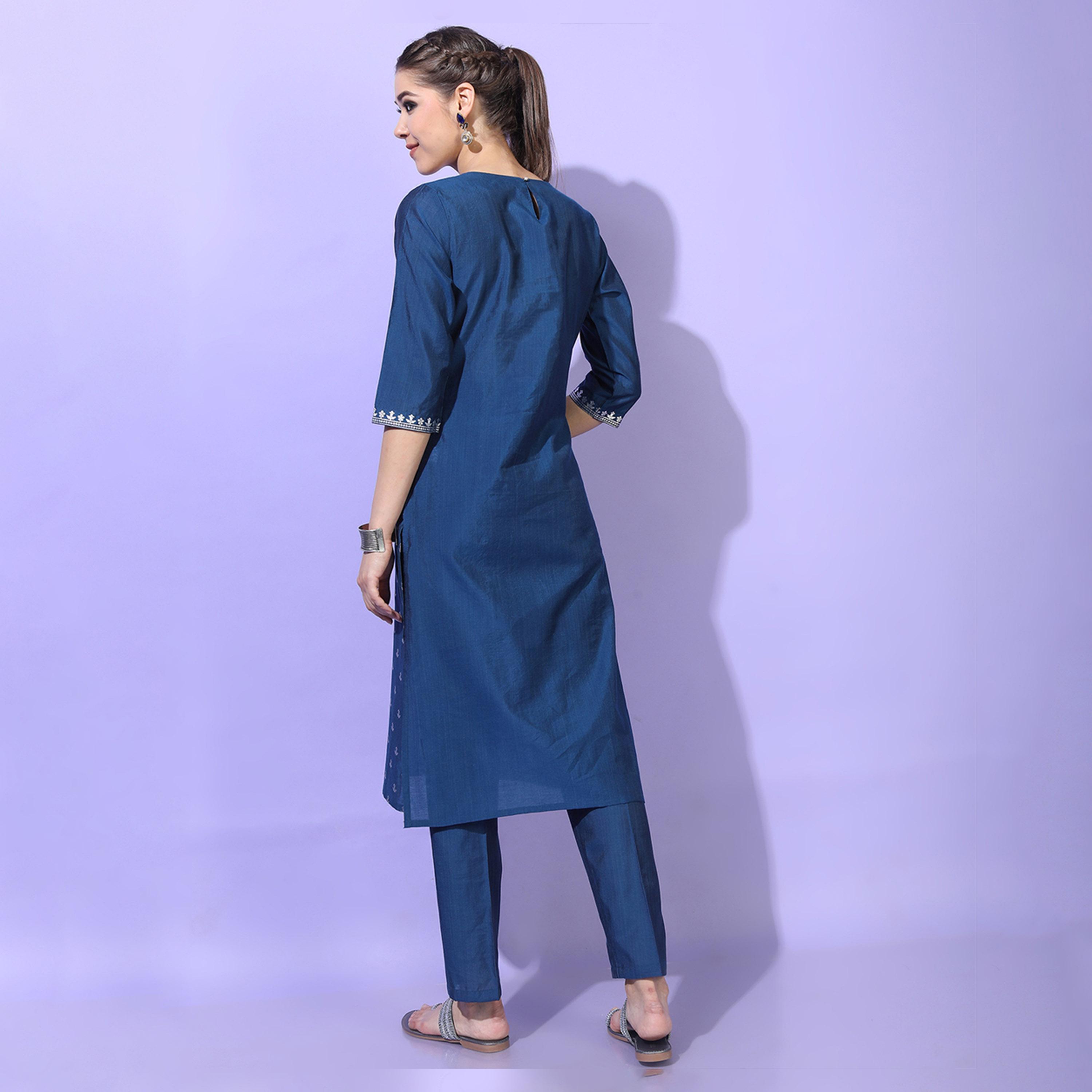 Vishudh X Styli Women Teal Blue Ethnic Motifs Printed Kurta with Trousers-women-clothing-ethnicwear-kurtasets-image-3