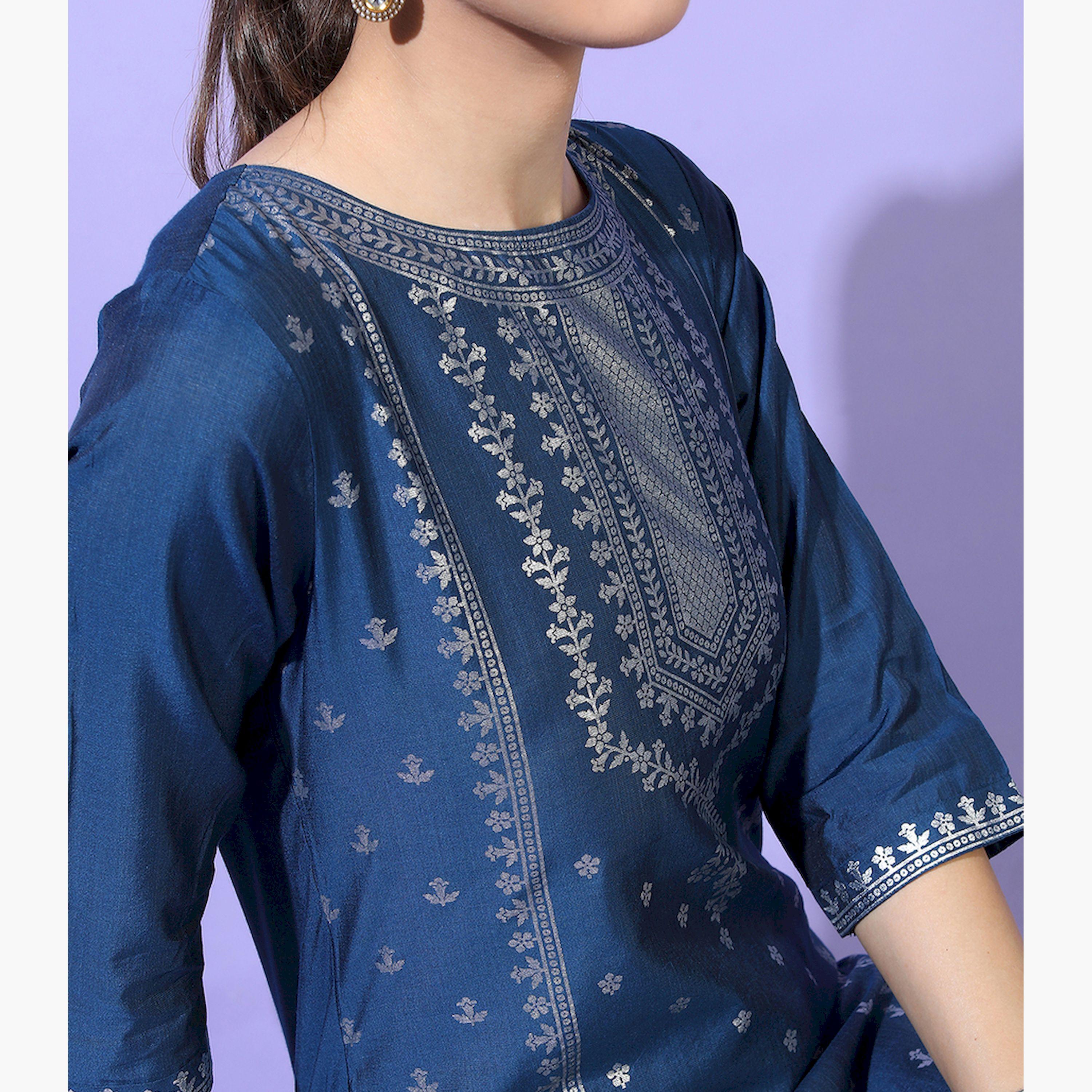 فيشود × ستايلي - كورتا نسائية مع بنطال بنقشة عرقية - أزرق مخضر-women-clothing-ethnicwear-kurtasets-image-4