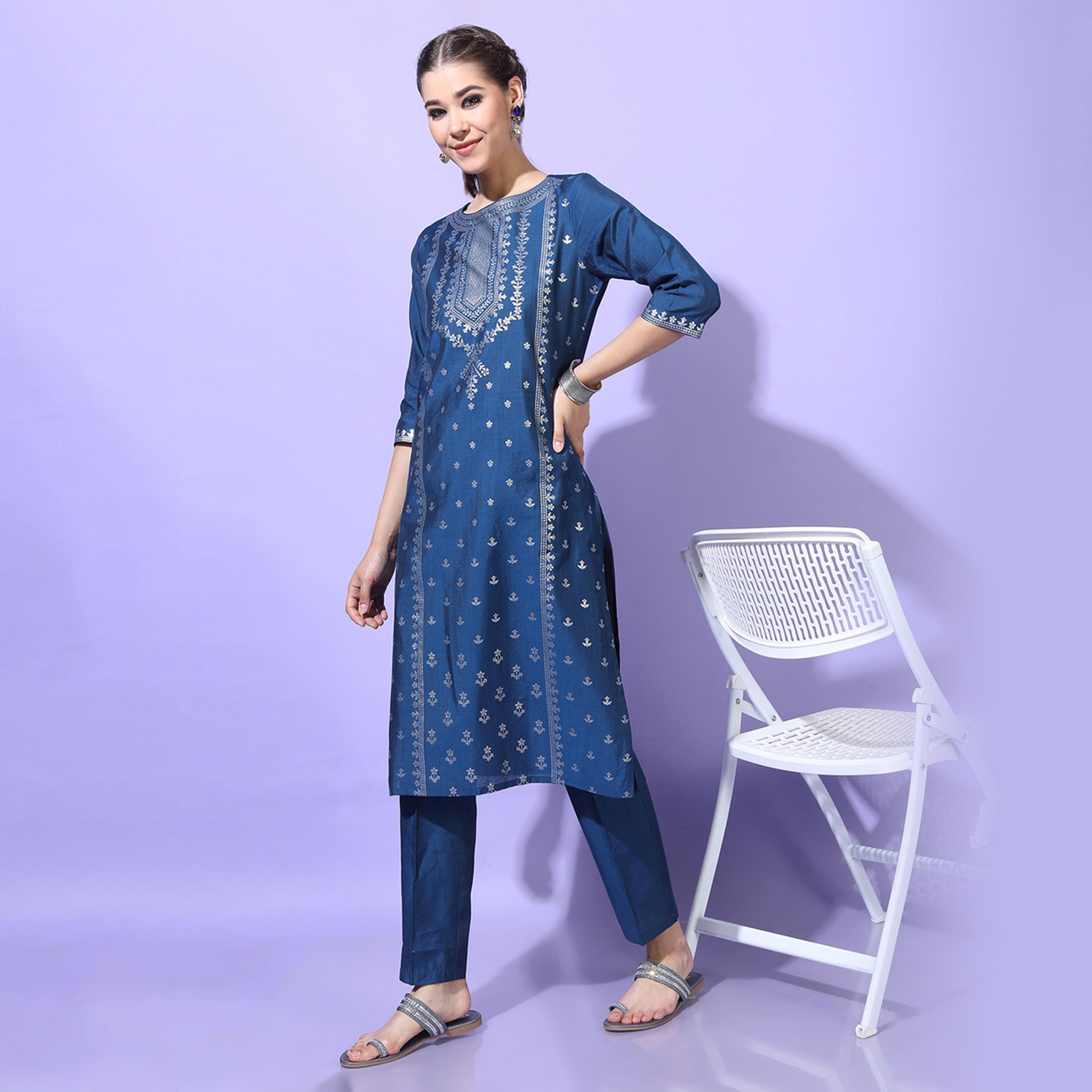 Vishudh X Styli Women Teal Blue Ethnic Motifs Printed Kurta with Trousers-women-clothing-ethnicwear-kurtasets-image-5