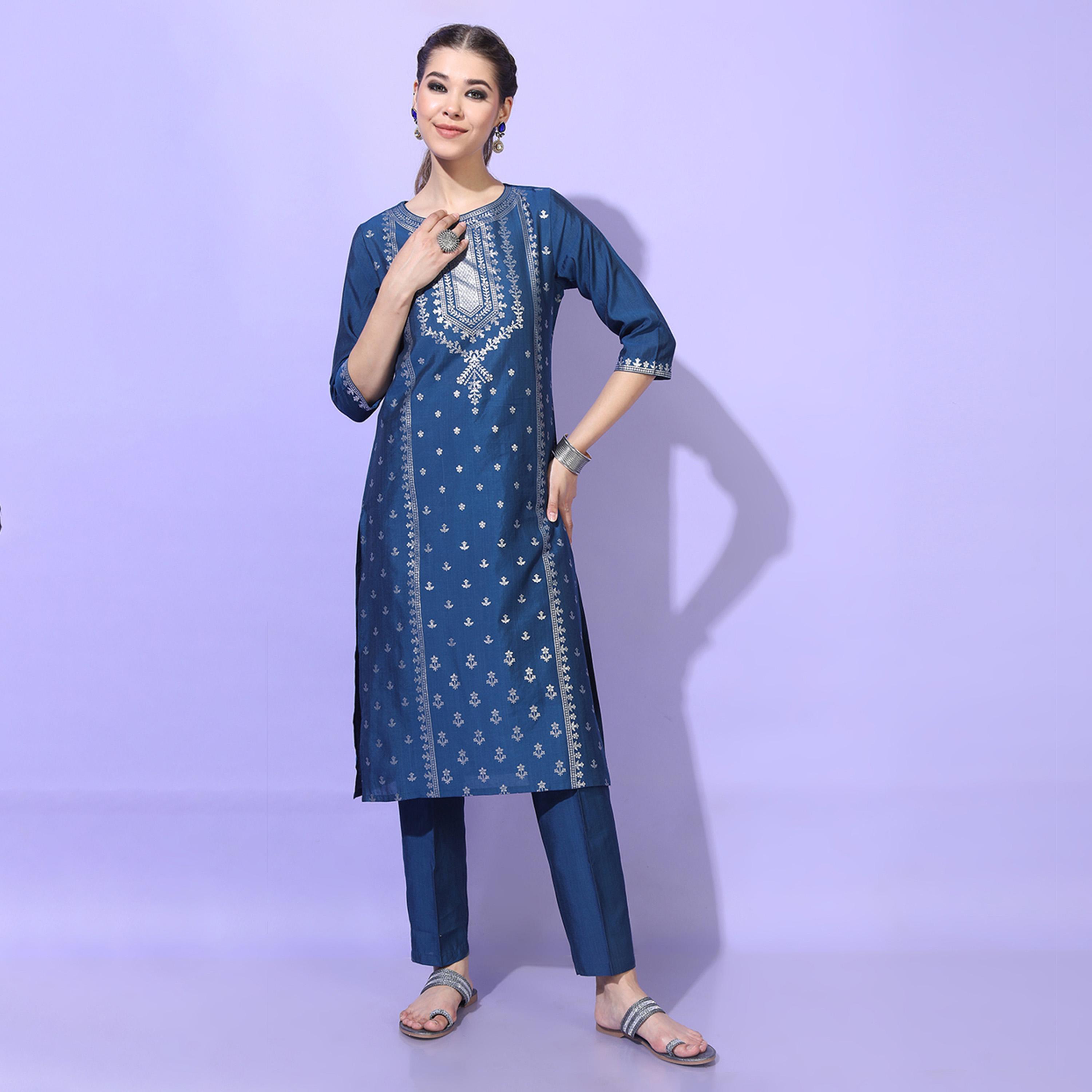 Vishudh X Styli Women Teal Blue Ethnic Motifs Printed Kurta with Trousers-women-clothing-ethnicwear-kurtasets-image-6