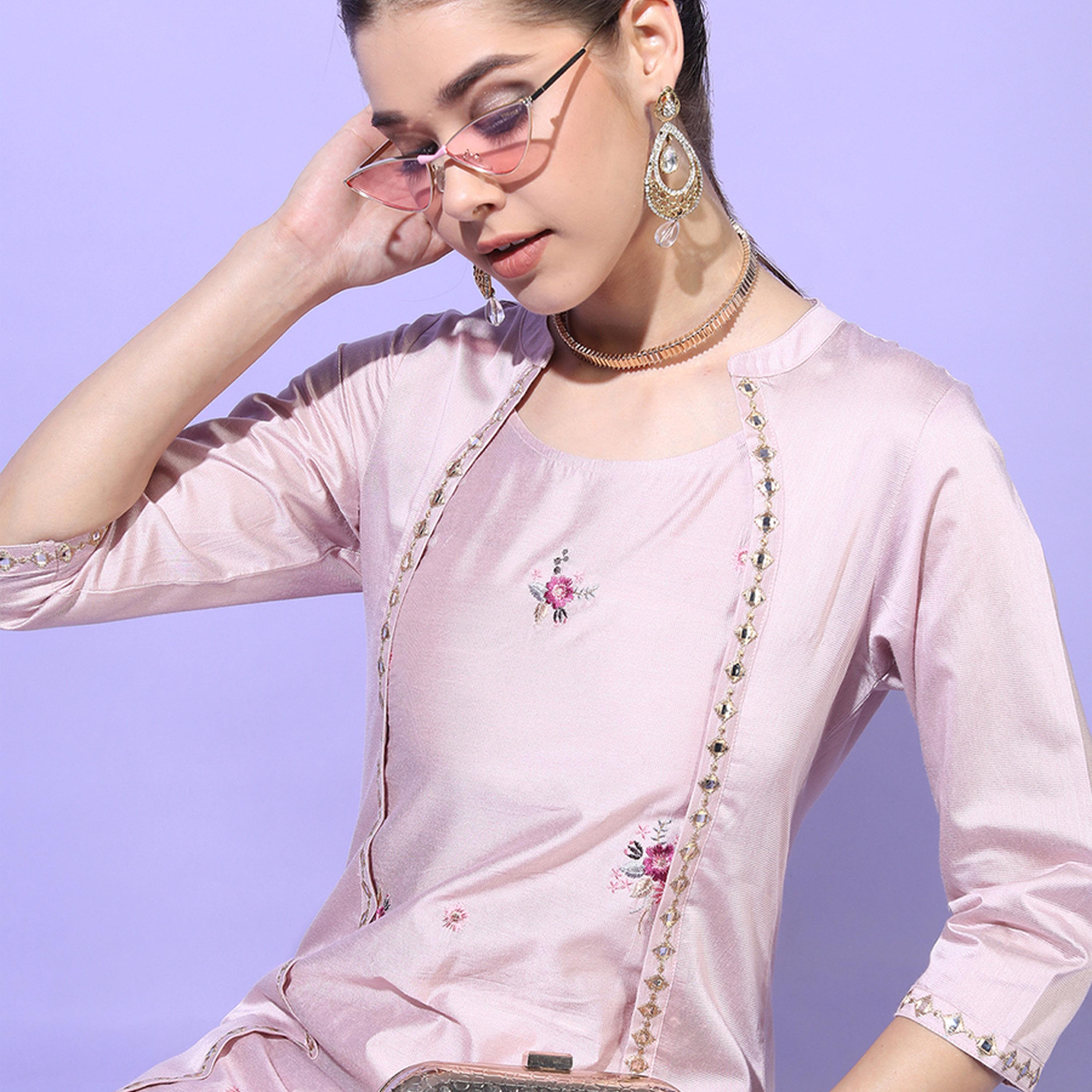 فيشود × ستايلي - كورتا مطرزة بالورود مع بنطال باللون الوردي للنساء-women-clothing-ethnicwear-kurtasets-image-2