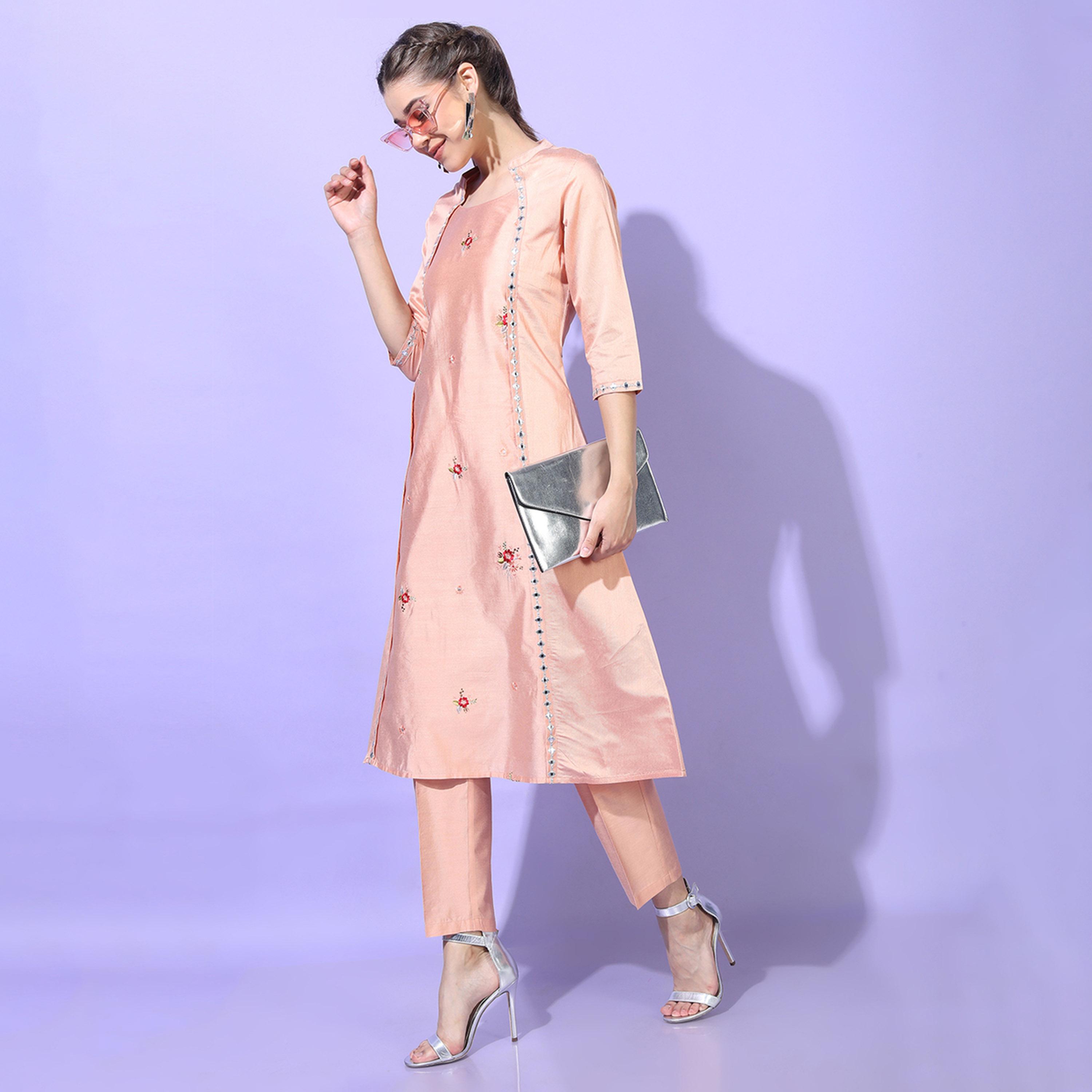 Vishudh X Styli Women Peach Embroidered Kurta with Trouser-women-clothing-ethnicwear-kurtasets-image-2