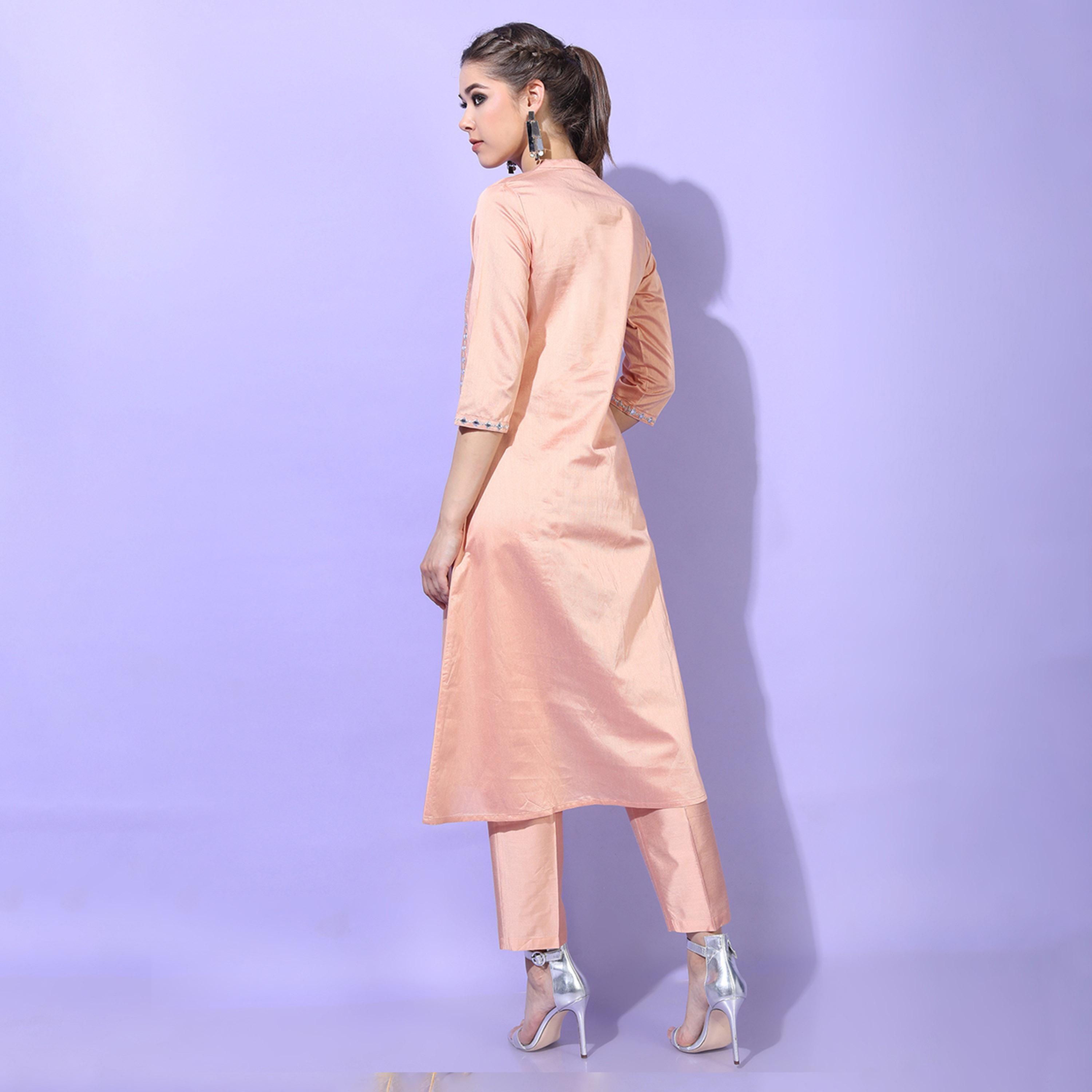 Vishudh X Styli Women Peach Embroidered Kurta with Trouser-women-clothing-ethnicwear-kurtasets-image-3