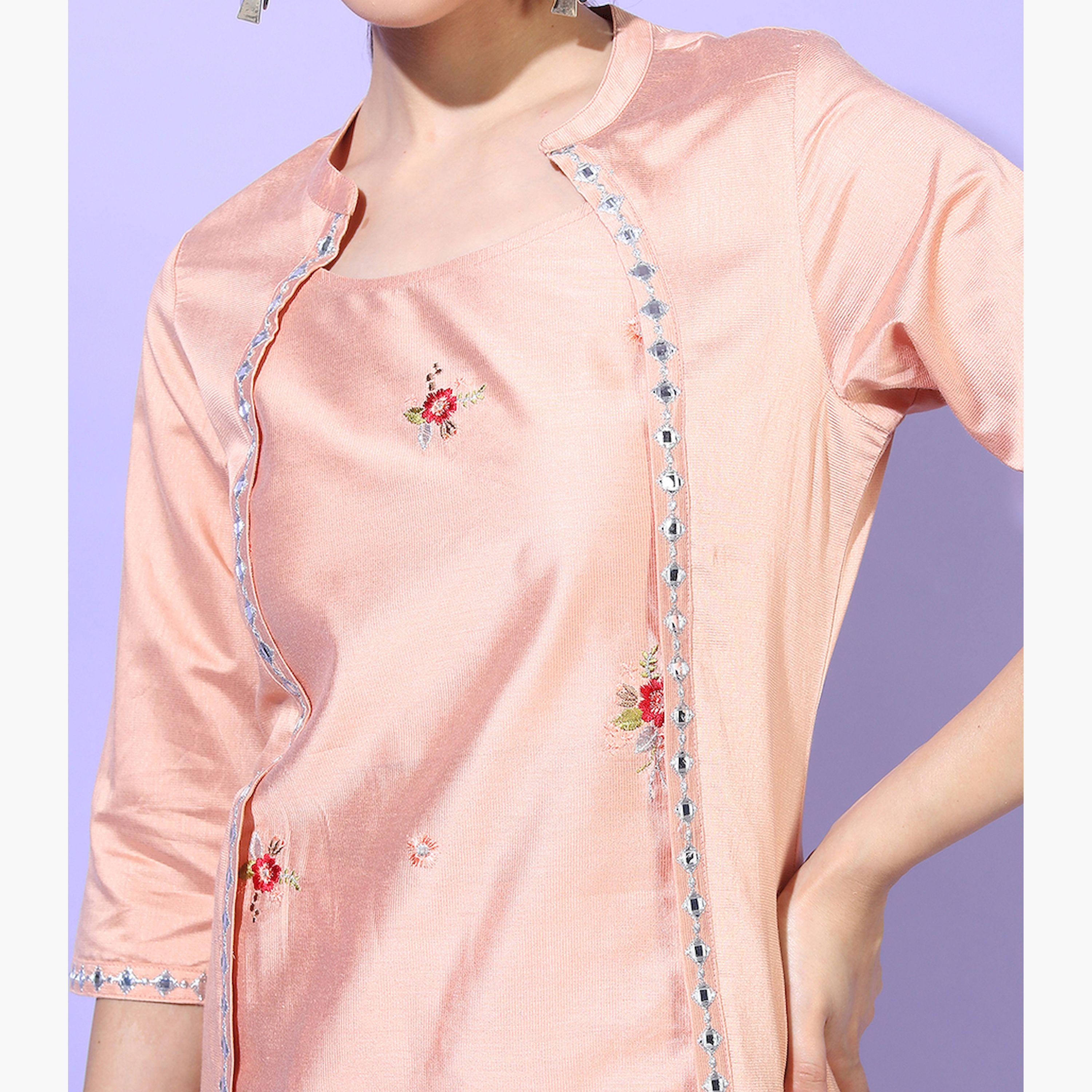 Vishudh X Styli Women Peach Embroidered Kurta with Trouser-women-clothing-ethnicwear-kurtasets-image-4