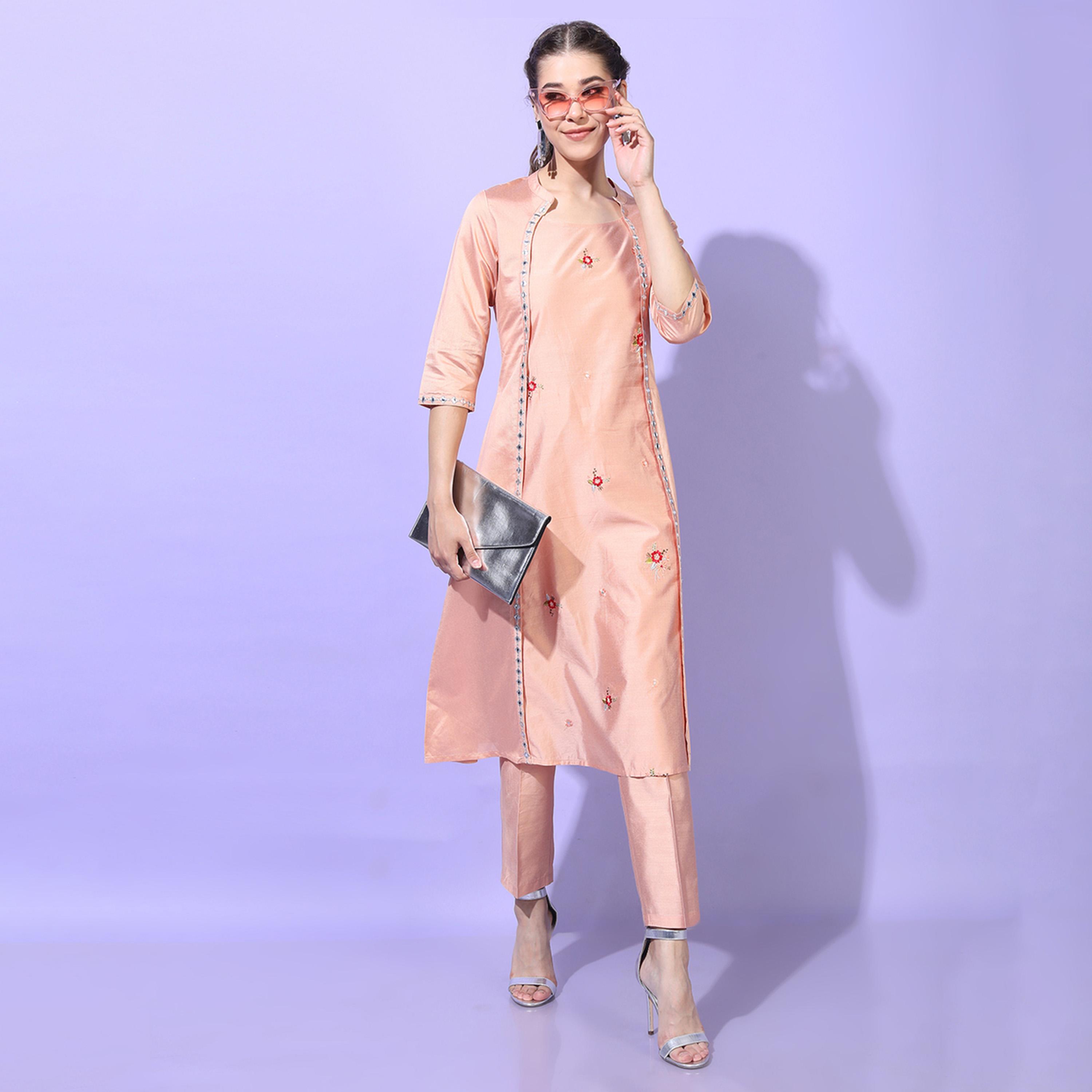 Vishudh X Styli Women Peach Embroidered Kurta with Trouser-women-clothing-ethnicwear-kurtasets-image-5