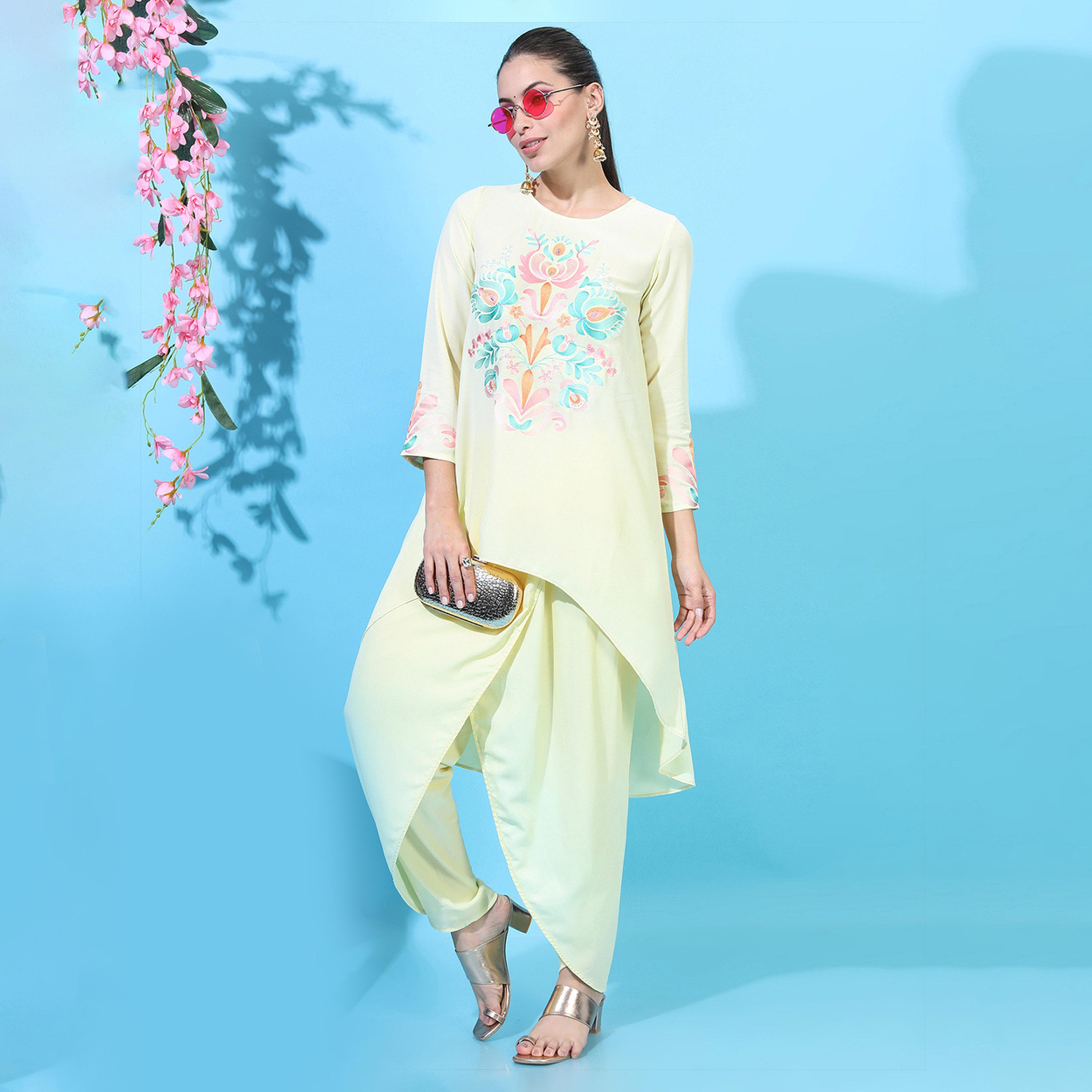 Vishudh X Styli Women Yellow High-Low Kurta With Dhoti Pants-women-clothing-ethnicwear-kurtasets-image-1