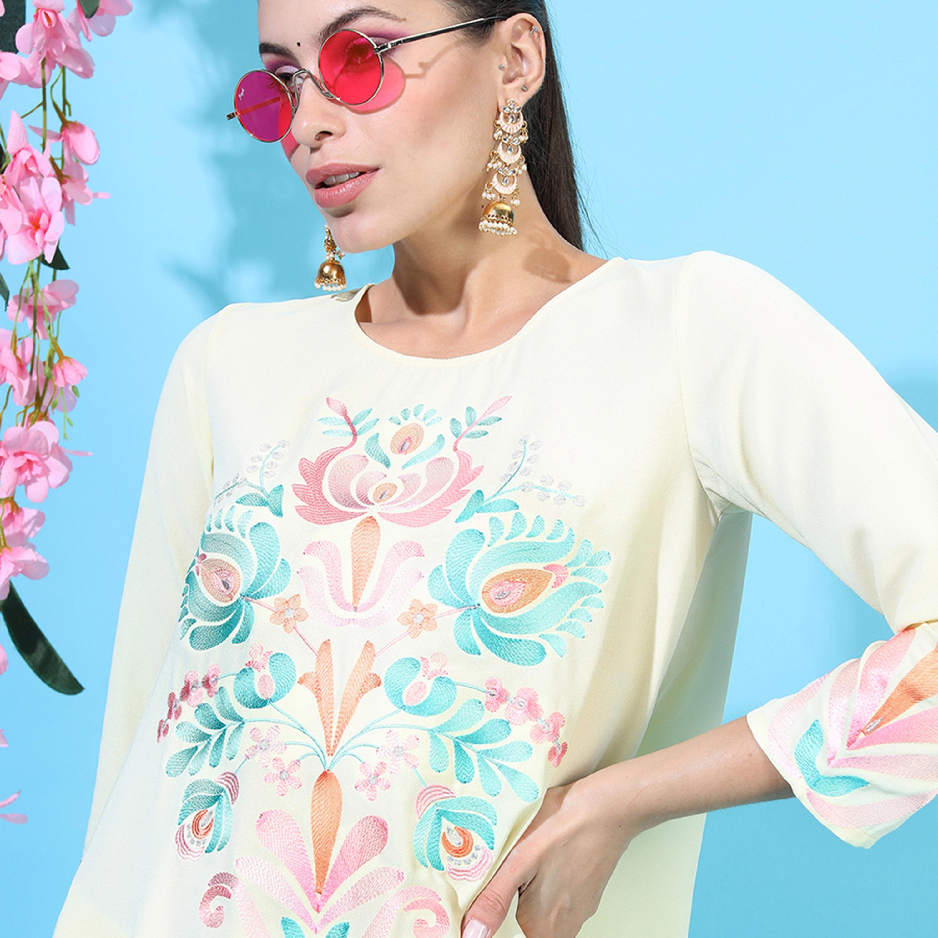 فيشود × ستايلي - كورتا نسائية طويلة من الخلف مع بنطال دوتي - أصفر-women-clothing-ethnicwear-kurtasets-image-2