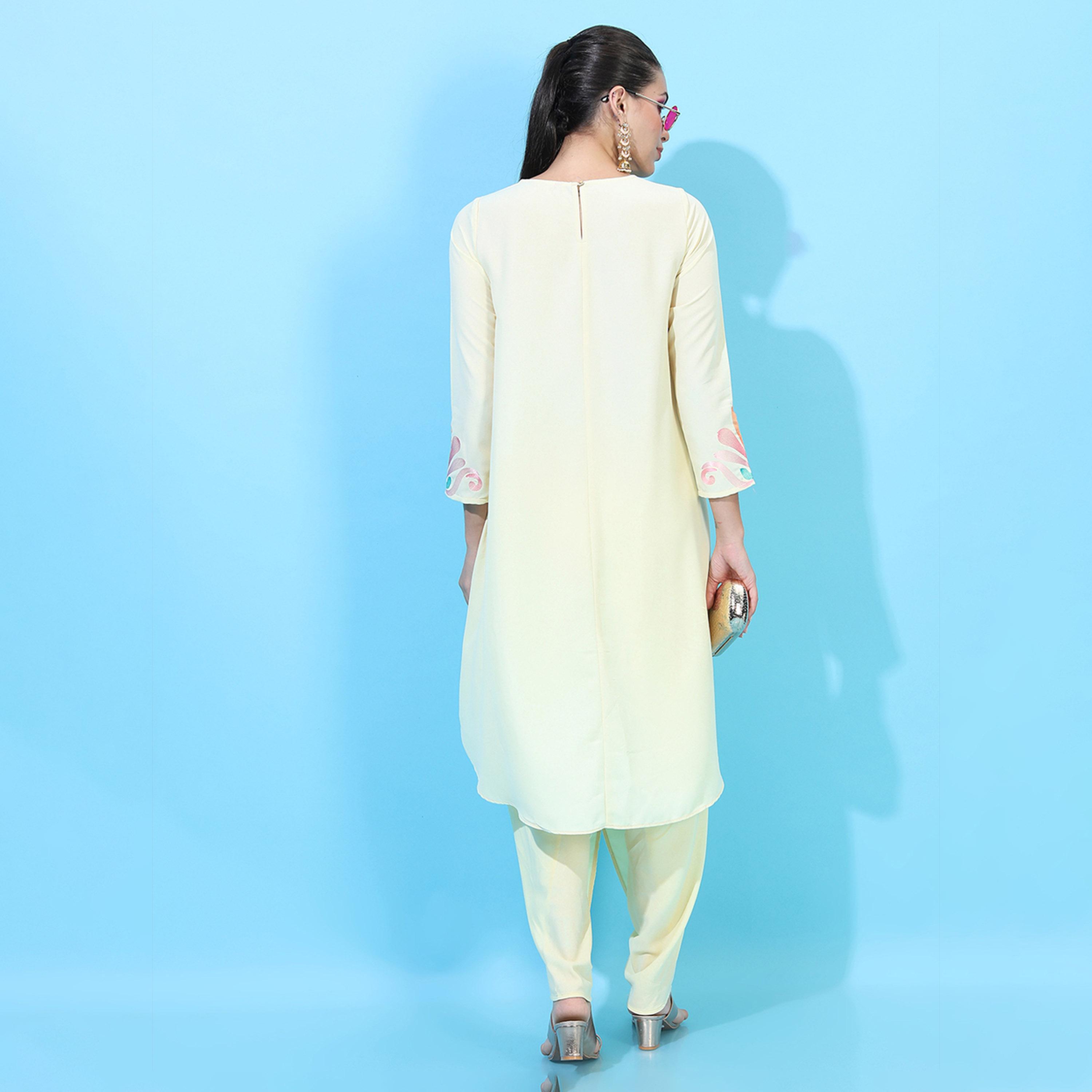Vishudh X Styli Women Yellow High-Low Kurta With Dhoti Pants-women-clothing-ethnicwear-kurtasets-image-3