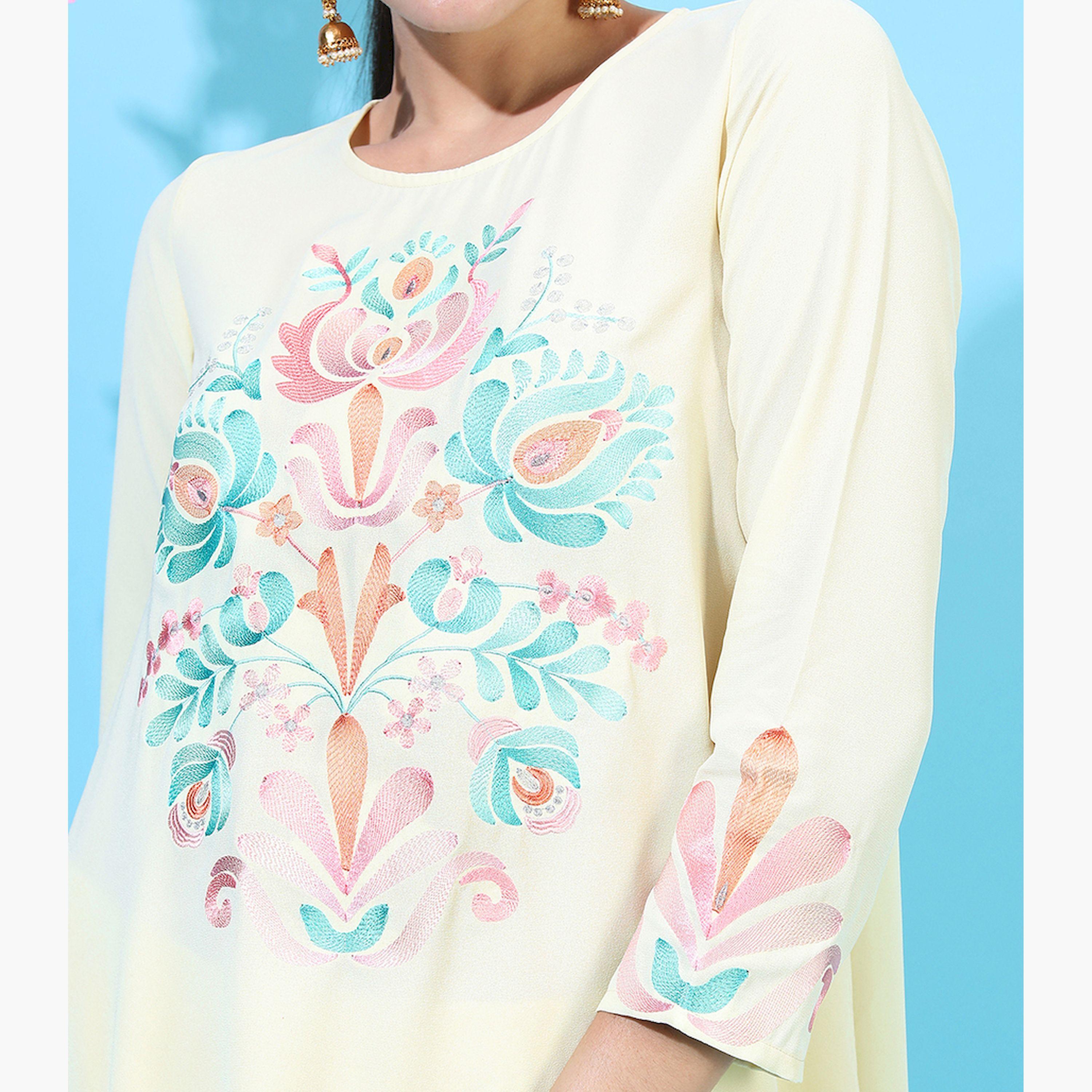 فيشود × ستايلي - كورتا نسائية طويلة من الخلف مع بنطال دوتي - أصفر-women-clothing-ethnicwear-kurtasets-image-4