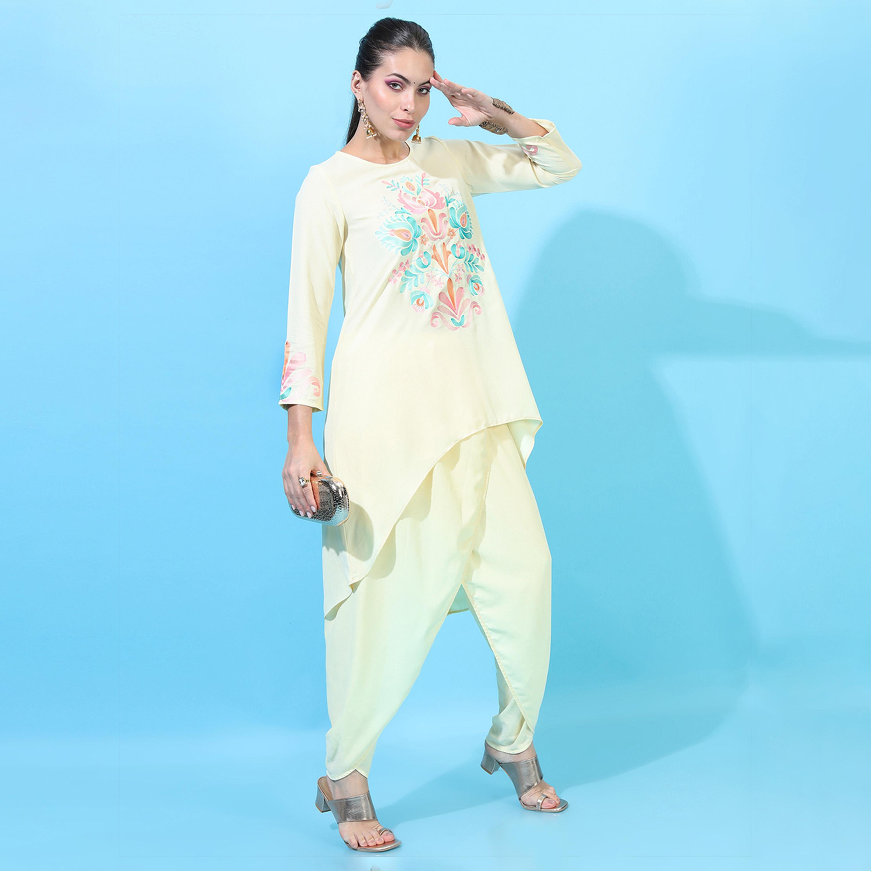 فيشود × ستايلي - كورتا نسائية طويلة من الخلف مع بنطال دوتي - أصفر-women-clothing-ethnicwear-kurtasets-image-5