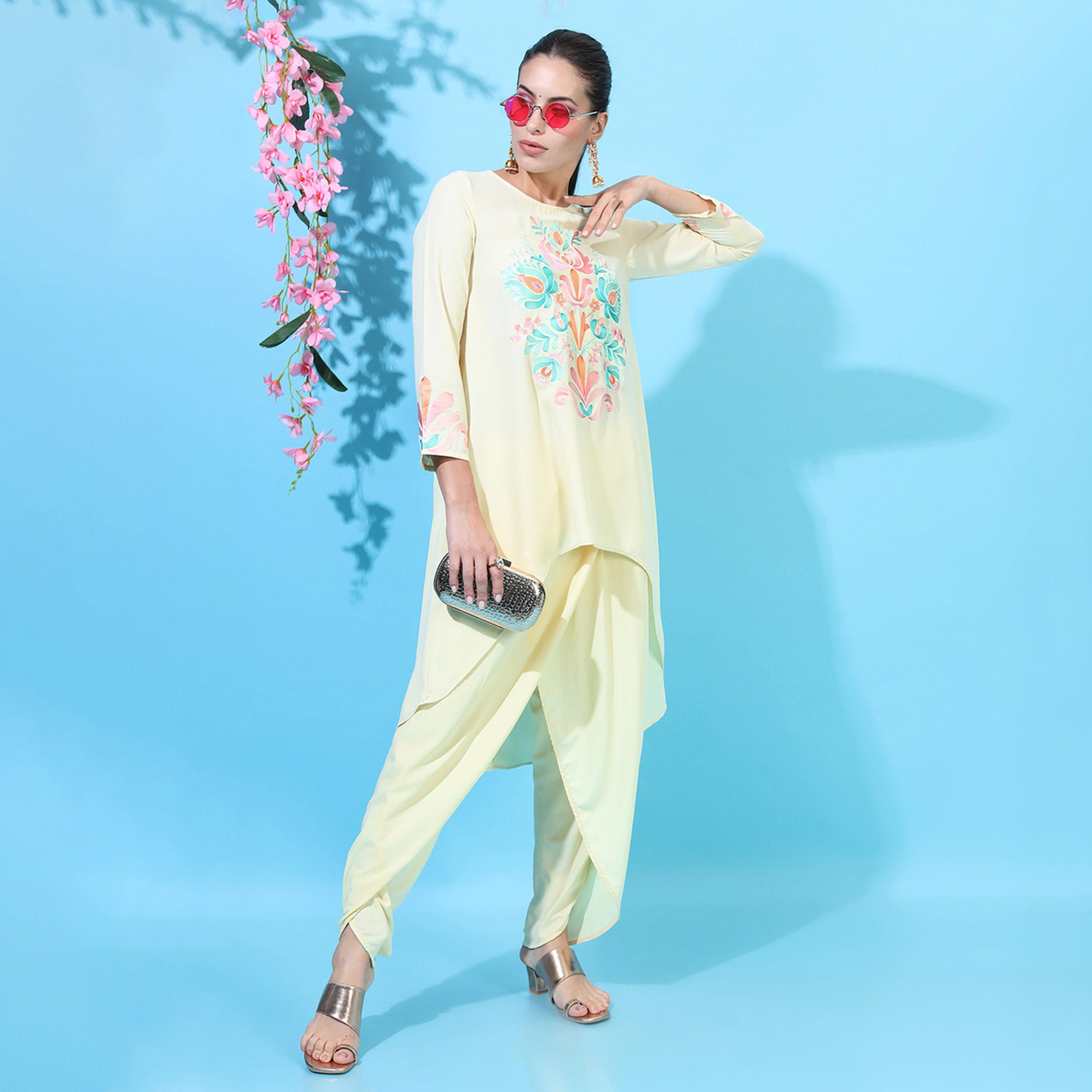 Vishudh X Styli Women Yellow High-Low Kurta With Dhoti Pants-women-clothing-ethnicwear-kurtasets-image-6