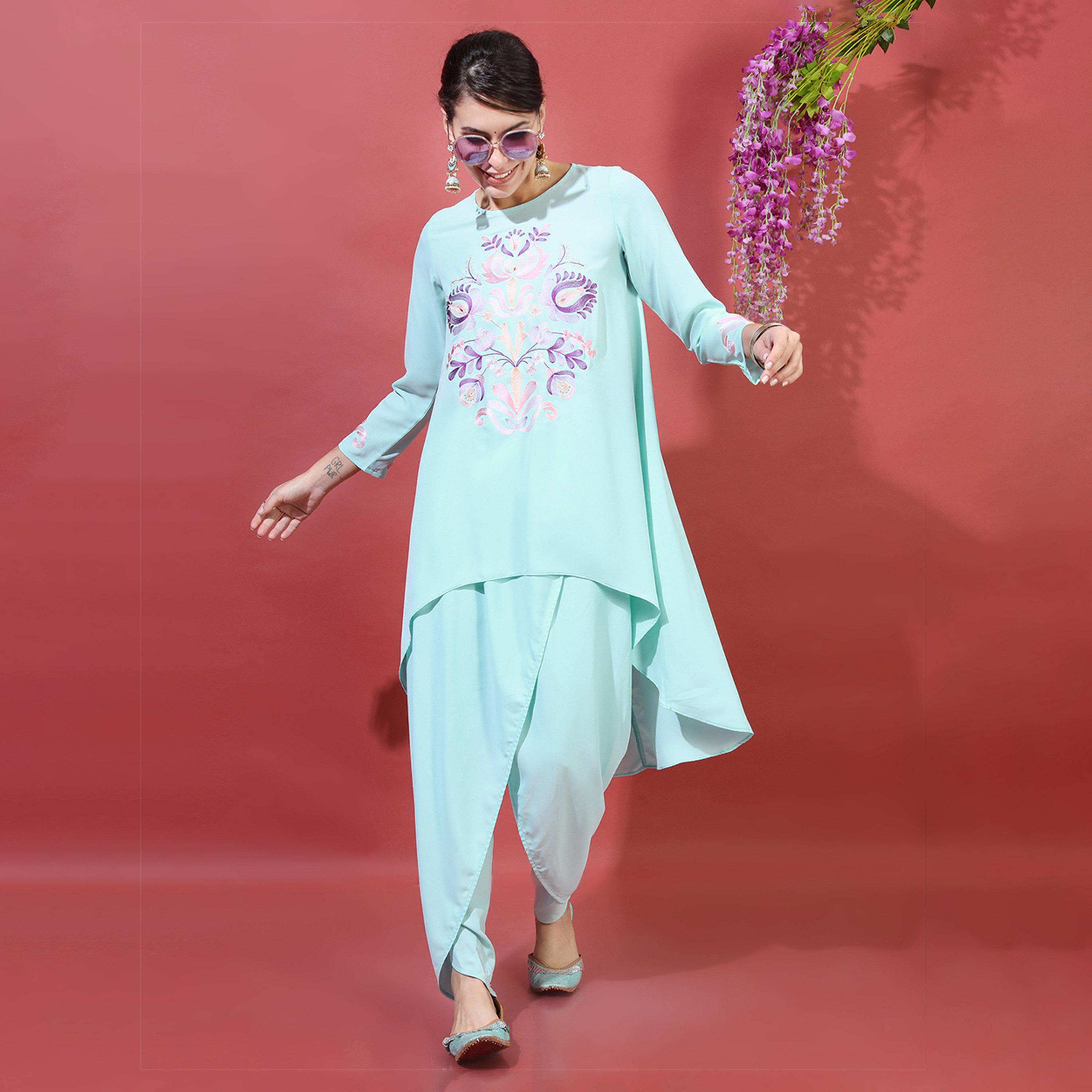 فيشود × ستايلي - كورتا نسائية مطرزة بزخارف عرقية طويلة من الخلف مع بنطال دوتي - فيروزي-women-clothing-ethnicwear-kurtasets-image-1