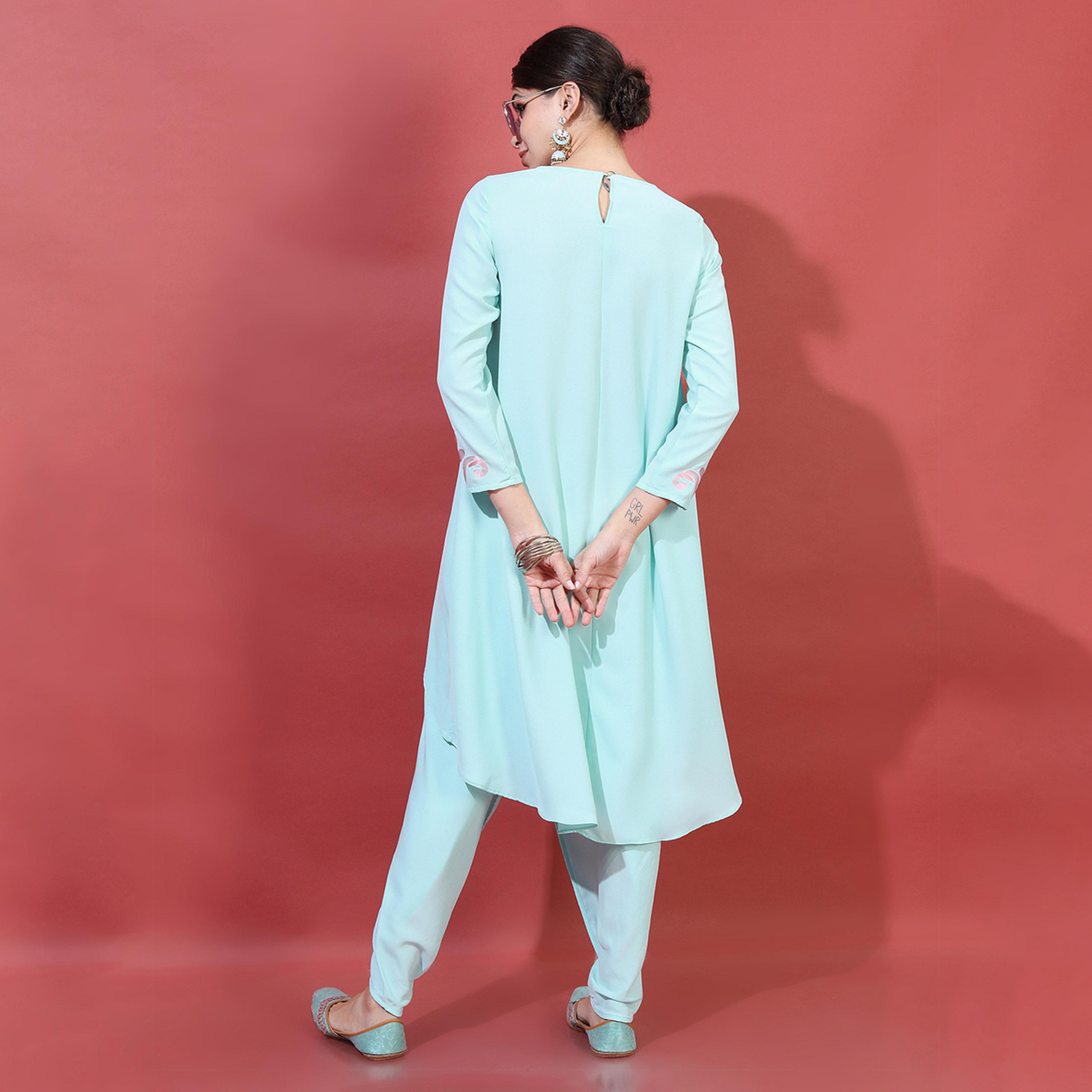 فيشود × ستايلي - كورتا نسائية مطرزة بزخارف عرقية طويلة من الخلف مع بنطال دوتي - فيروزي-women-clothing-ethnicwear-kurtasets-image-3