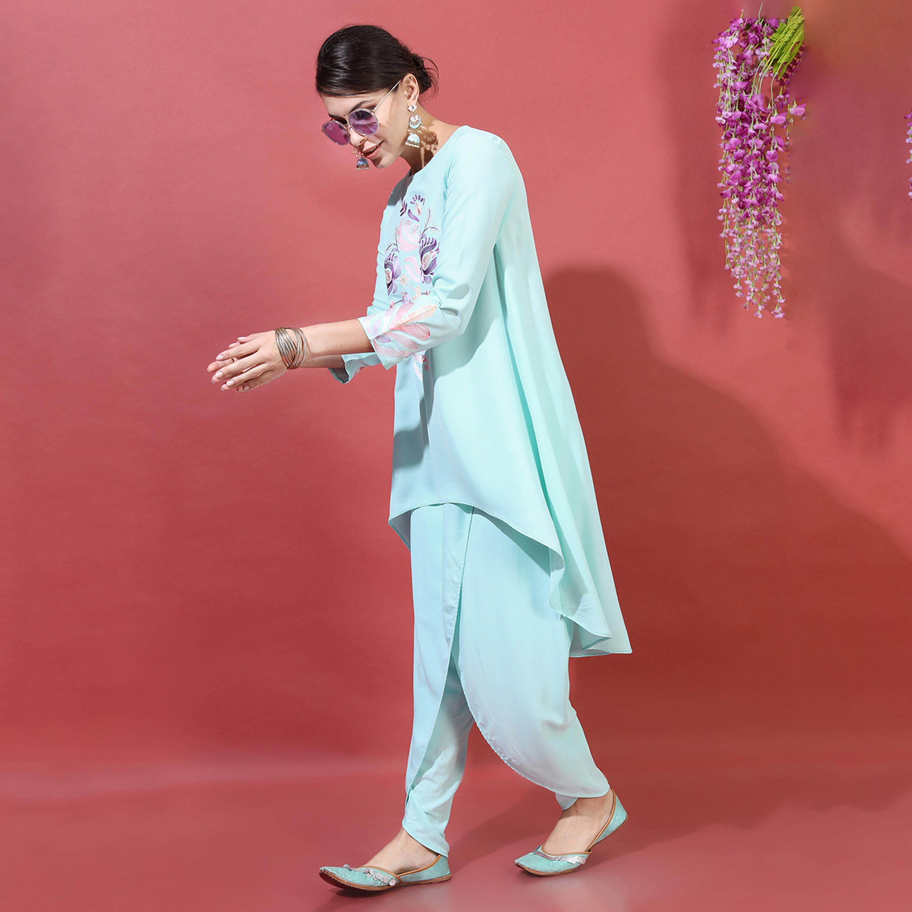 فيشود × ستايلي - كورتا نسائية مطرزة بزخارف عرقية طويلة من الخلف مع بنطال دوتي - فيروزي-women-clothing-ethnicwear-kurtasets-image-6