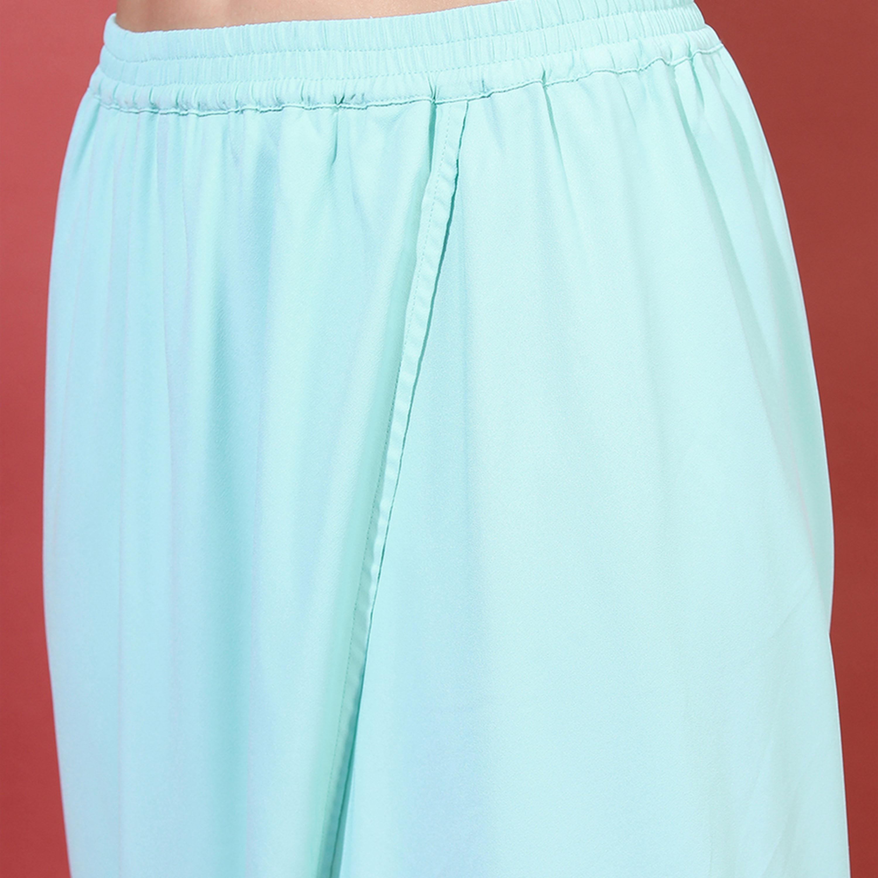 فيشود × ستايلي - كورتا نسائية مطرزة بزخارف عرقية طويلة من الخلف مع بنطال دوتي - فيروزي-women-clothing-ethnicwear-kurtasets-image-7