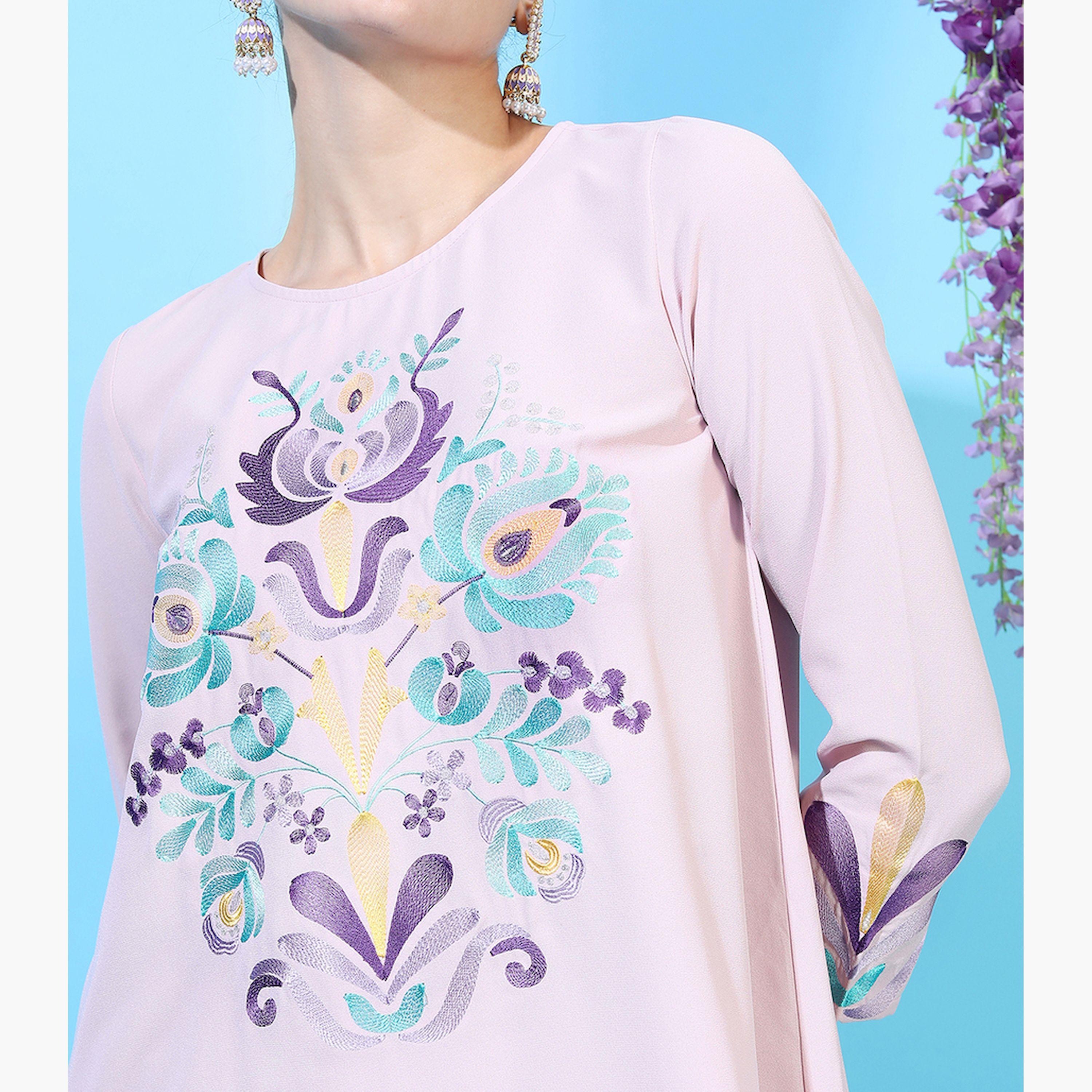 فيشود × ستايلي - كورتا مطرزة بزخارف عرقية مع بنطال دوتي باللون الوردي للنساء-women-clothing-ethnicwear-kurtasets-image-4
