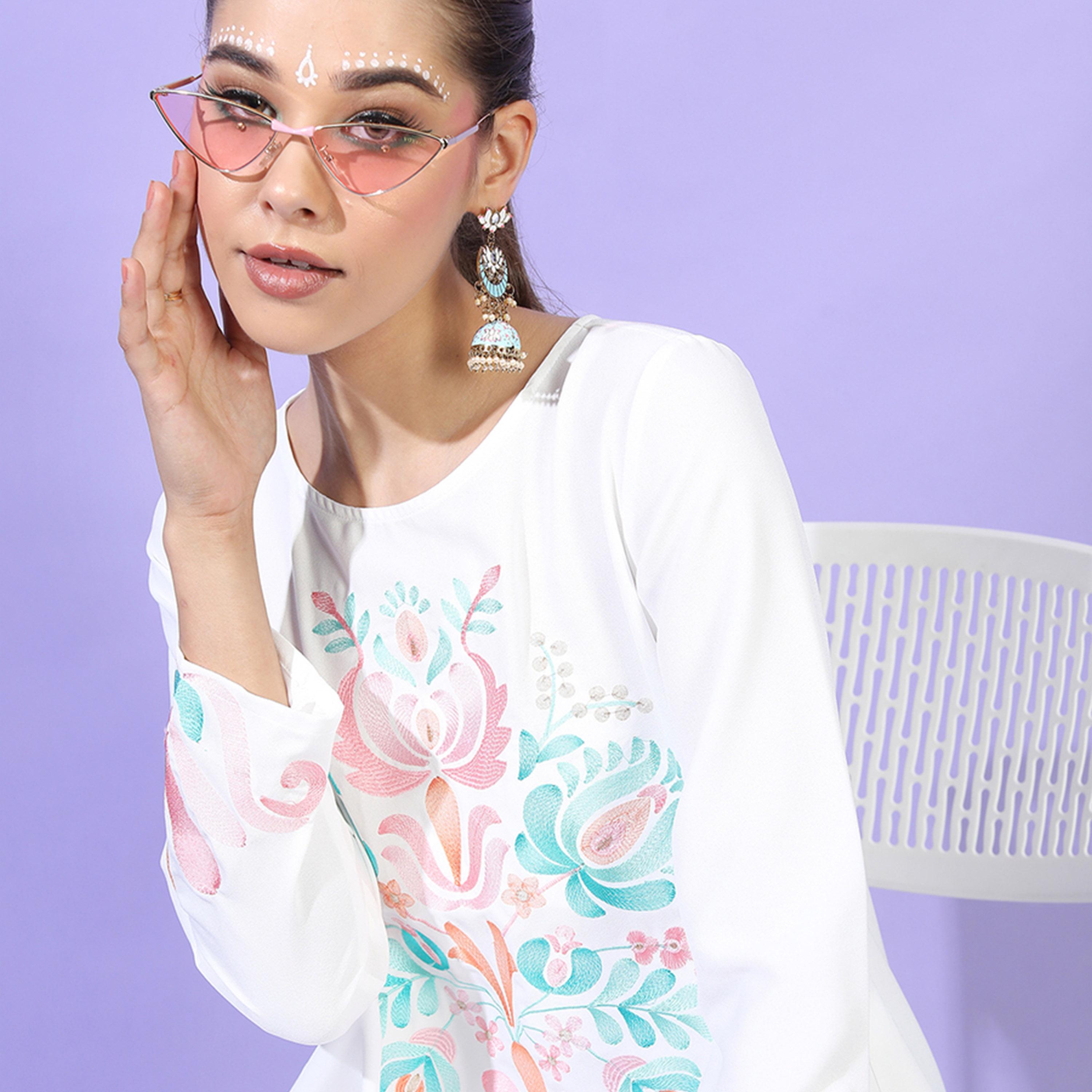 Vishudh X Styli Women White Printed High-Low Kurta With Dhoti Pants-women-clothing-ethnicwear-kurtasets-image-2