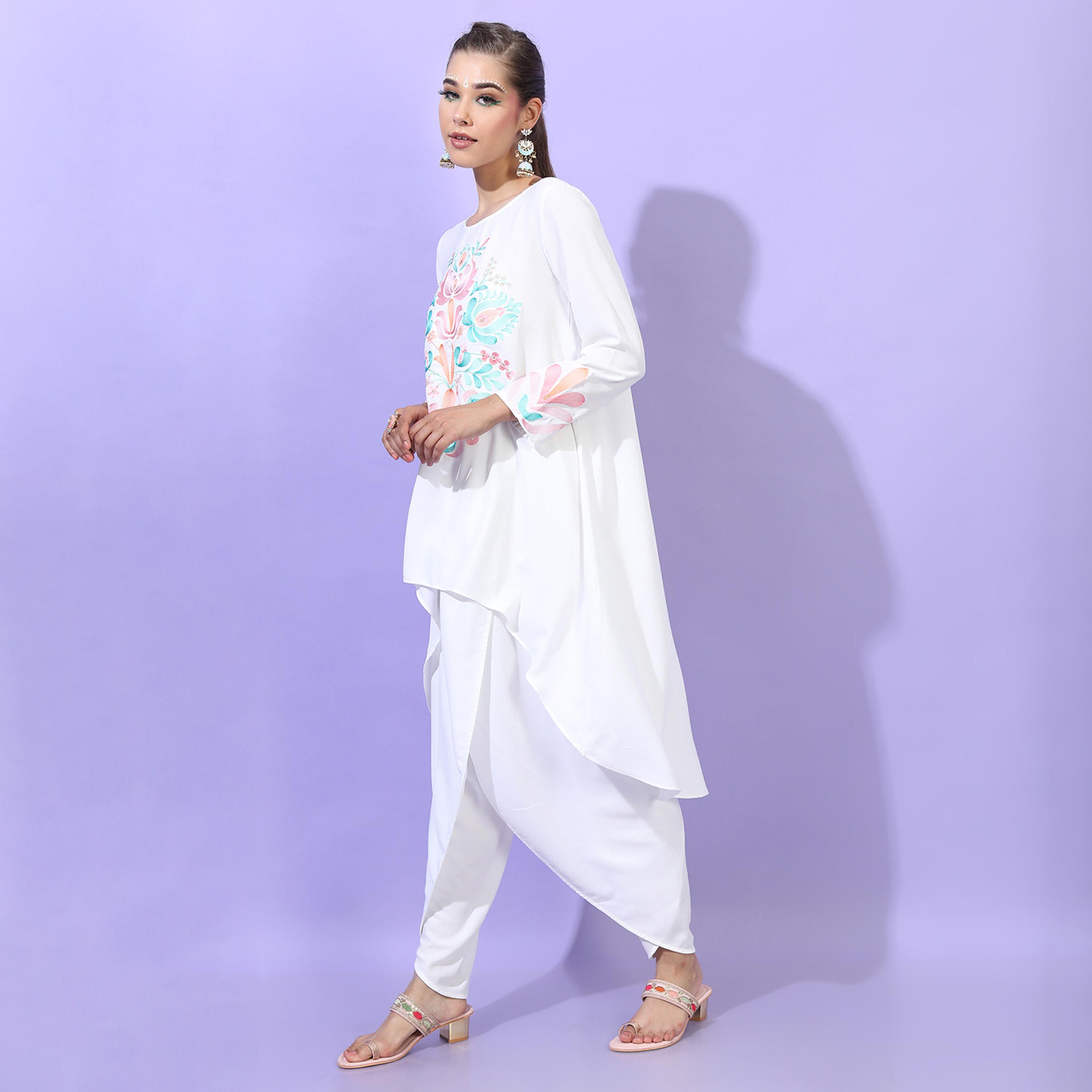 Vishudh X Styli Women White Printed High-Low Kurta With Dhoti Pants-women-clothing-ethnicwear-kurtasets-image-5