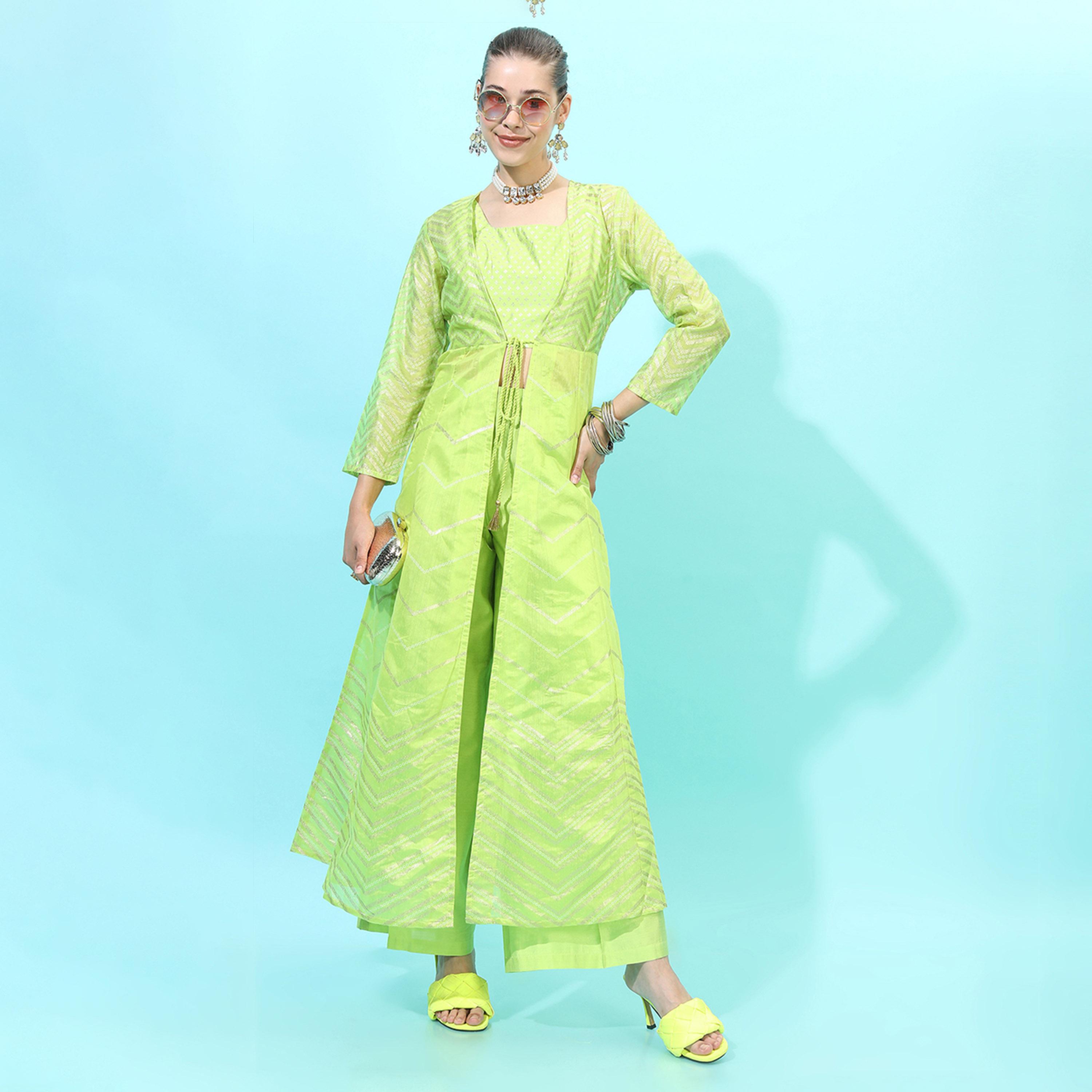 فيشود × ستايلي - طقم كورتا مخطط من فيسكوز رايون مع بنطال بالازو وسترة للنساء-women-clothing-ethnicwear-kurtasets-image-1