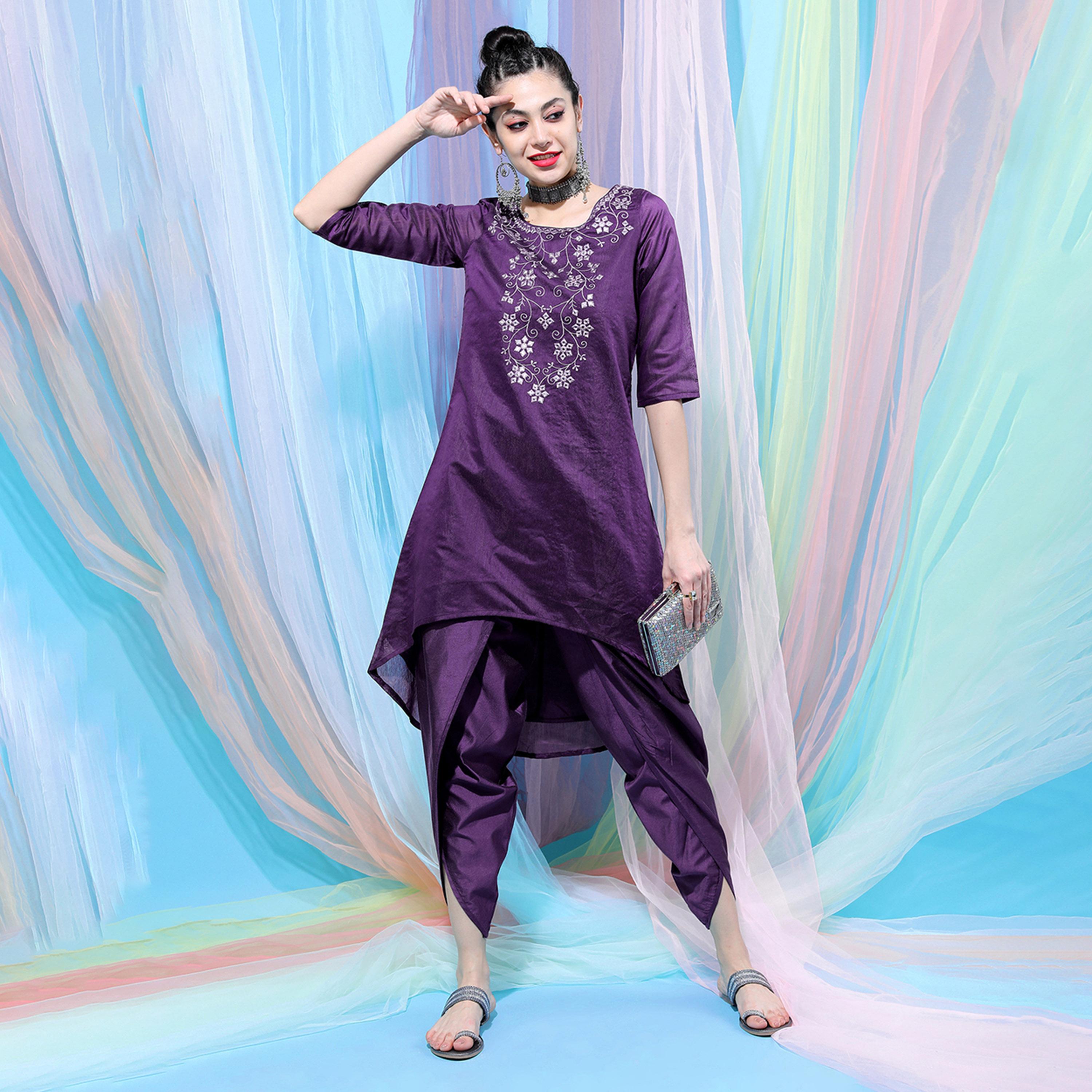 فيشود × ستايلي - كورتا نسائية مطرزة من القطن الخالص مع بنطال دوتي - بنفسجي-women-clothing-ethnicwear-kurtasets-image-1