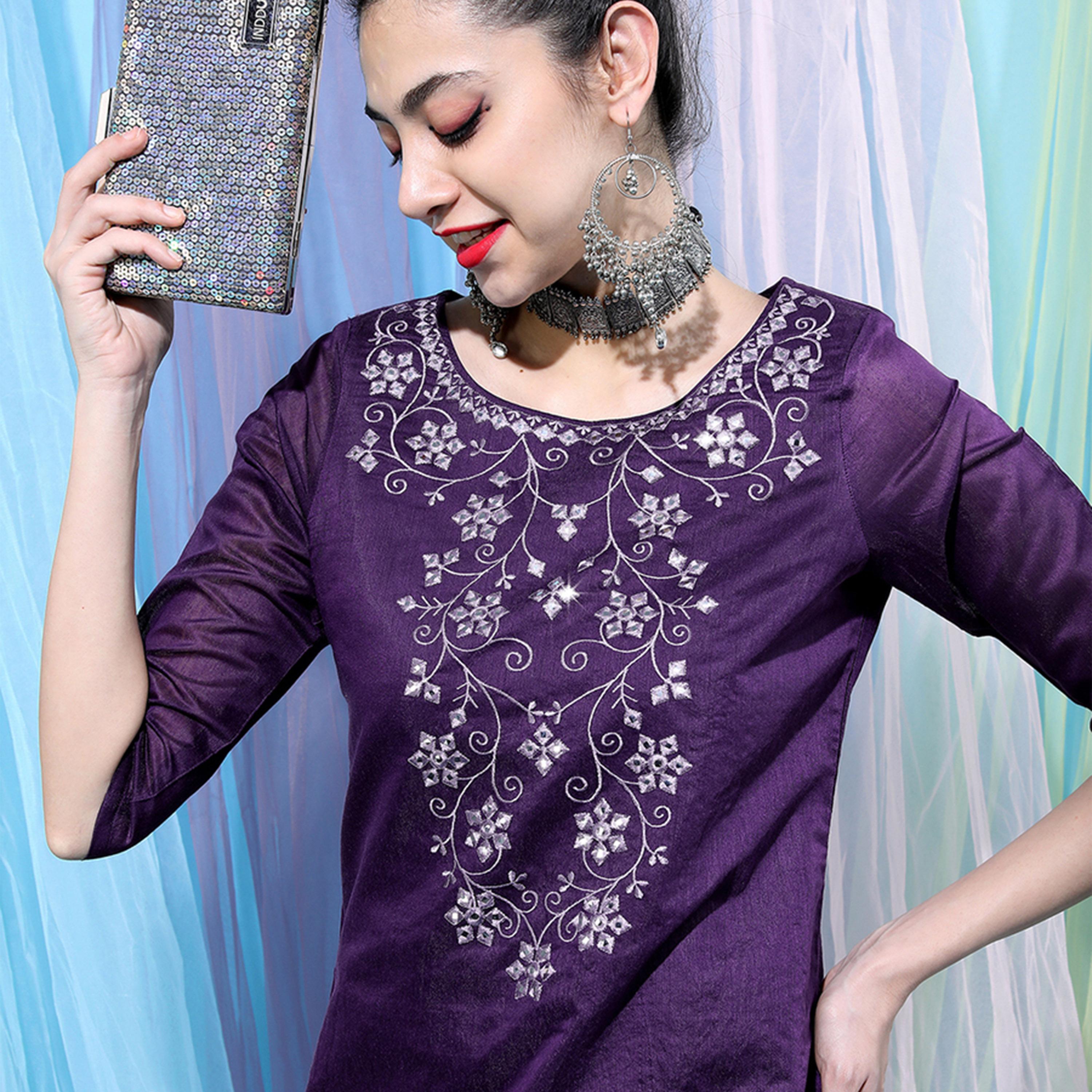 فيشود × ستايلي - كورتا نسائية مطرزة من القطن الخالص مع بنطال دوتي - بنفسجي-women-clothing-ethnicwear-kurtasets-image-2