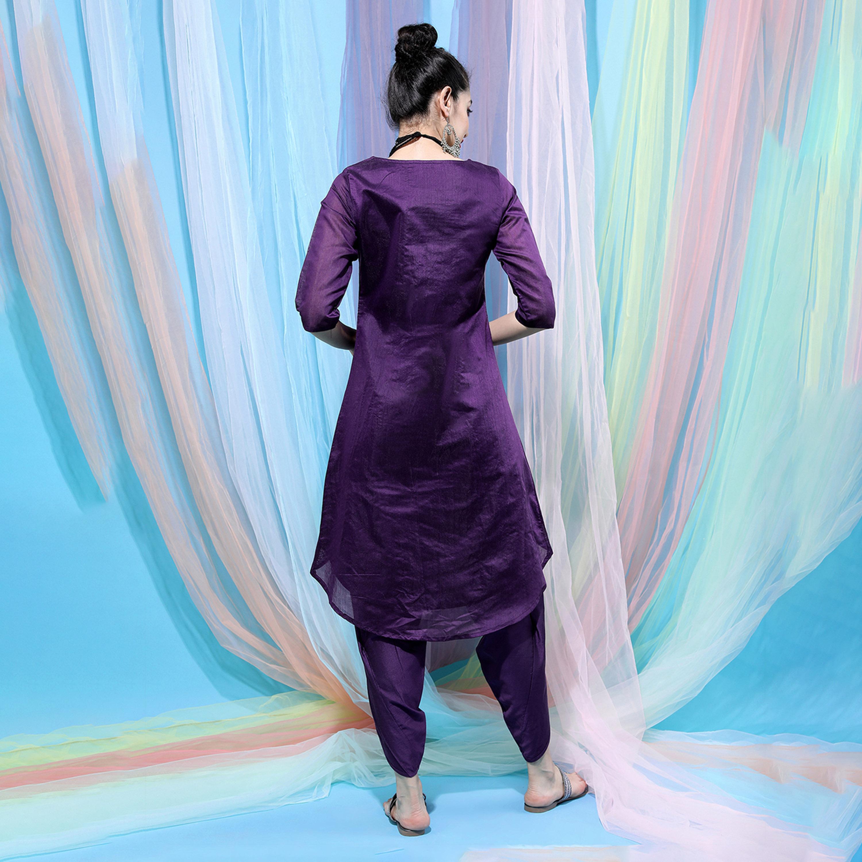 فيشود × ستايلي - كورتا نسائية مطرزة من القطن الخالص مع بنطال دوتي - بنفسجي-women-clothing-ethnicwear-kurtasets-image-3