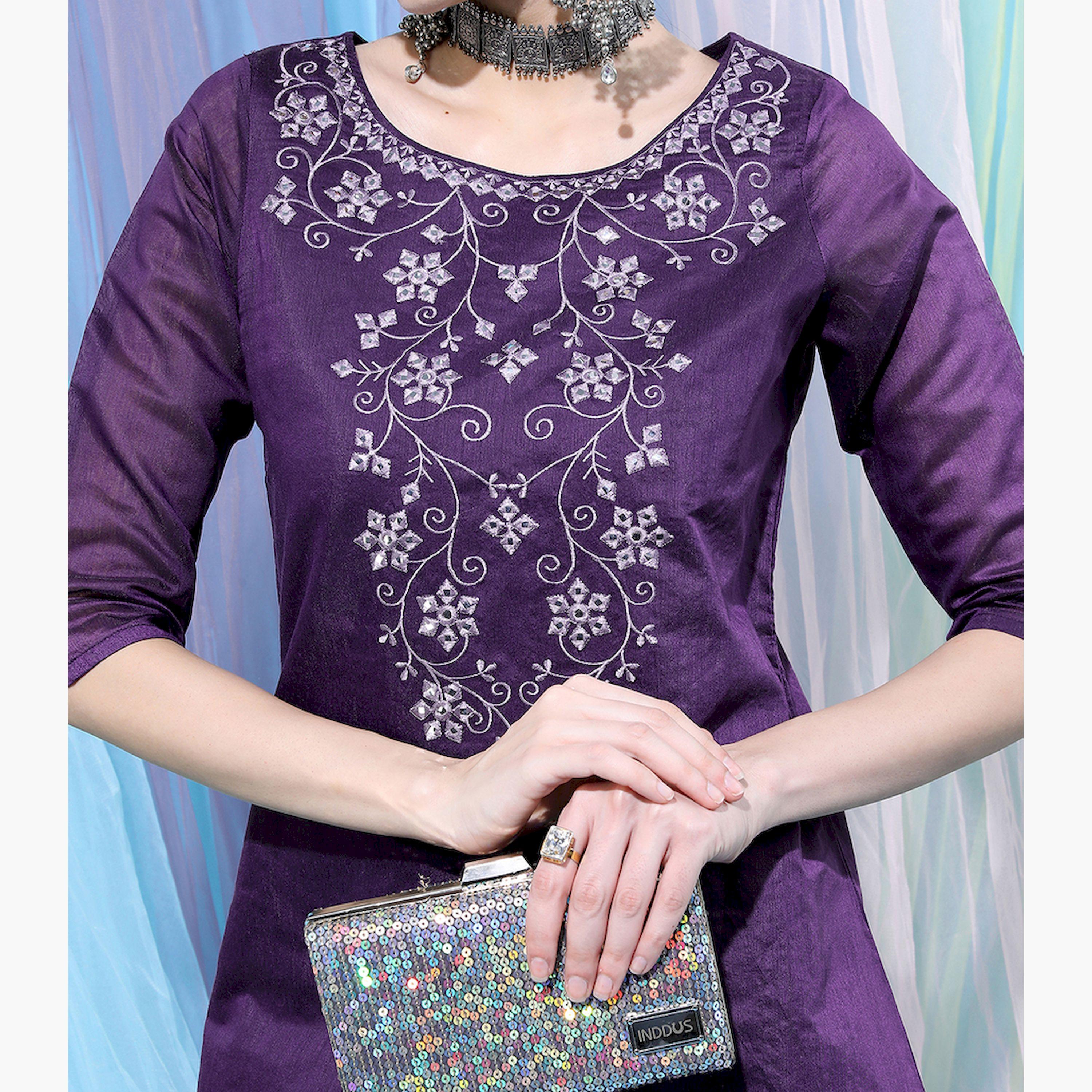 فيشود × ستايلي - كورتا نسائية مطرزة من القطن الخالص مع بنطال دوتي - بنفسجي-women-clothing-ethnicwear-kurtasets-image-4