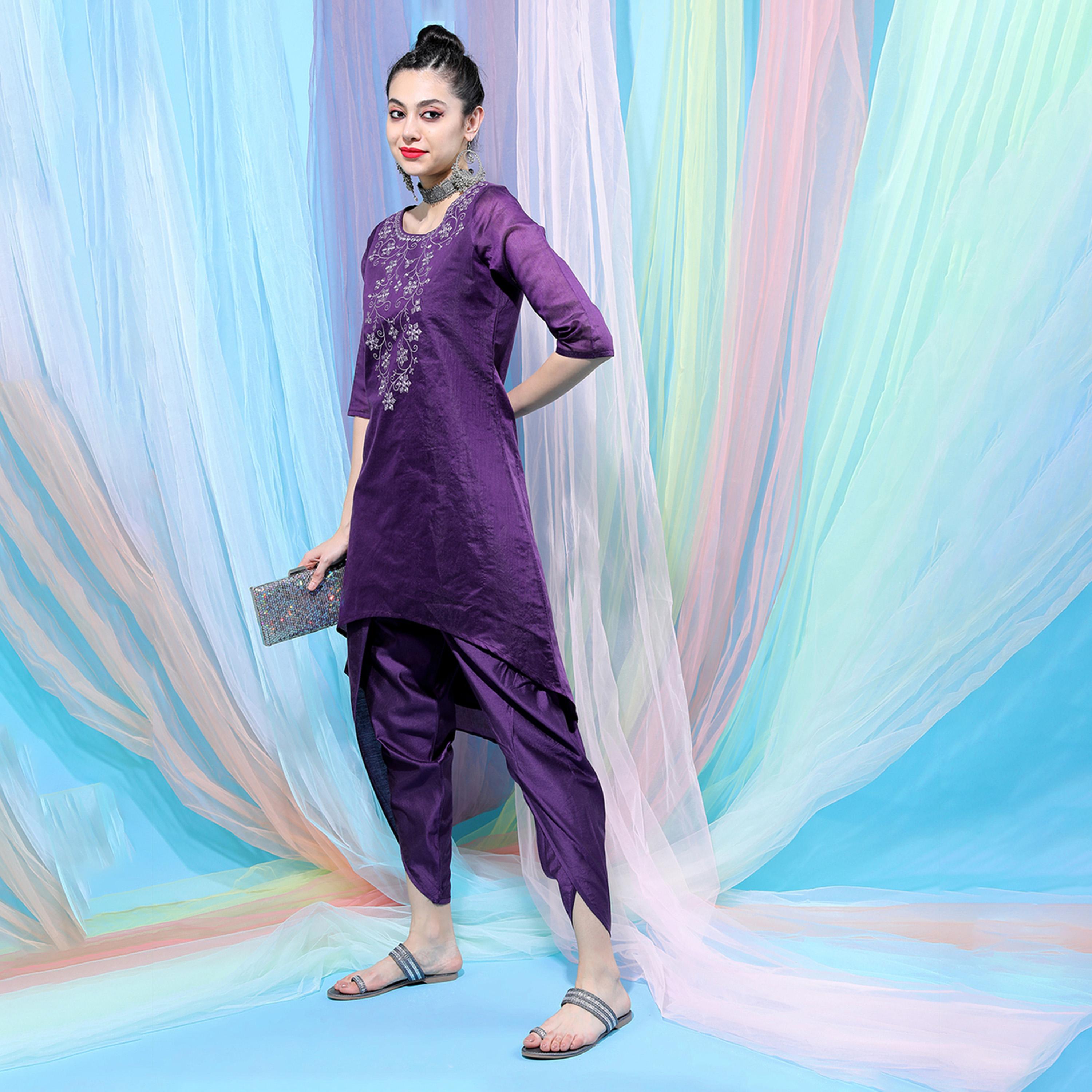 فيشود × ستايلي - كورتا نسائية مطرزة من القطن الخالص مع بنطال دوتي - بنفسجي-women-clothing-ethnicwear-kurtasets-image-5