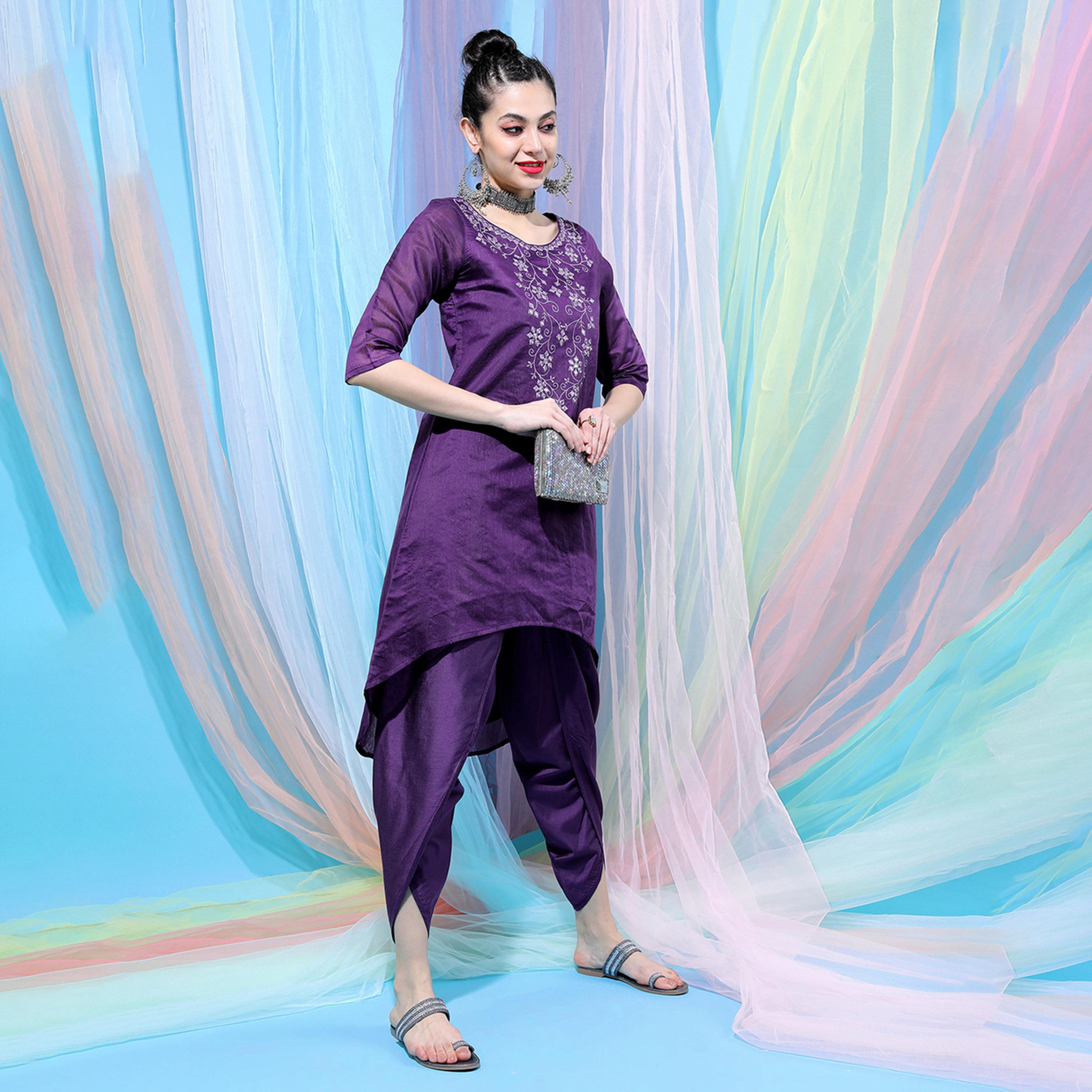 فيشود × ستايلي - كورتا نسائية مطرزة من القطن الخالص مع بنطال دوتي - بنفسجي-women-clothing-ethnicwear-kurtasets-image-6