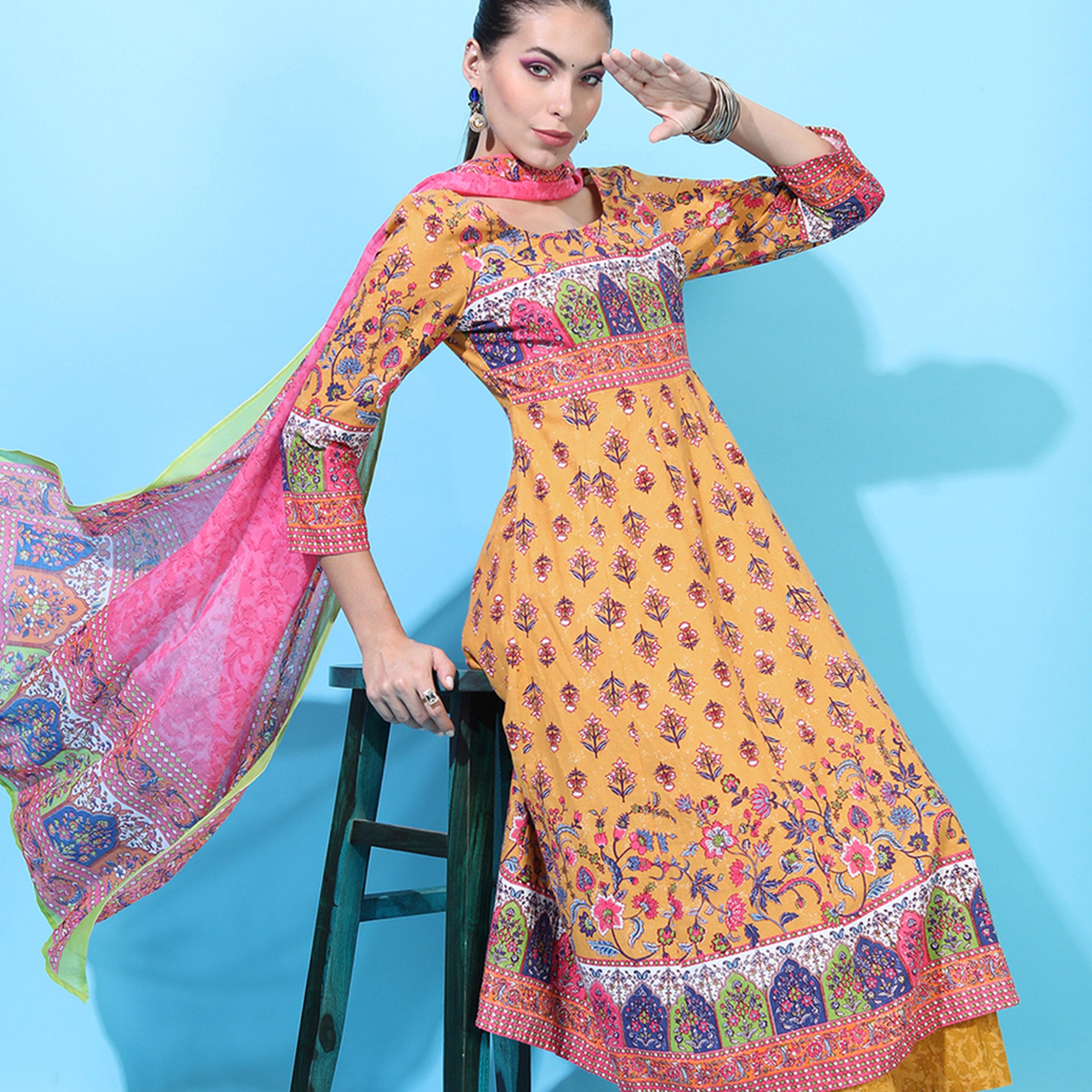 Vishudh X Styli Women Mustard Yellow Floral Printed Empire Pure Cotton Kurta with Palazzos-women-clothing-ethnicwear-kurtasets-image-2