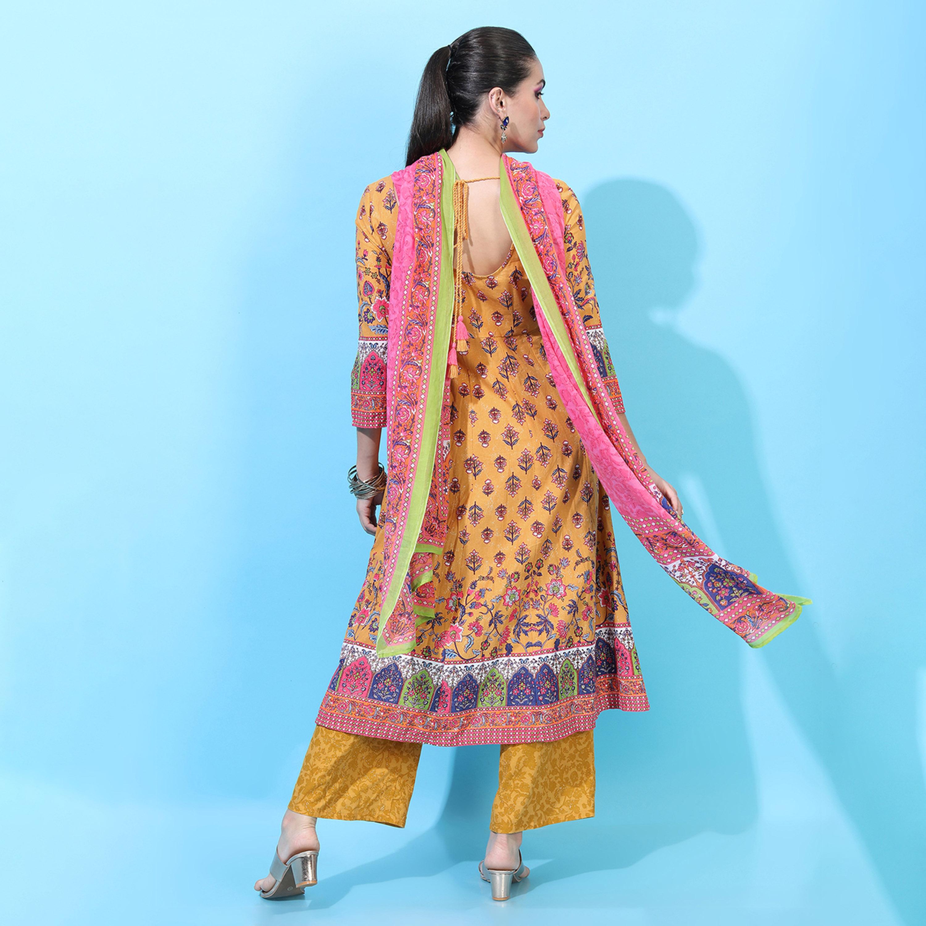 Vishudh X Styli Women Mustard Yellow Floral Printed Empire Pure Cotton Kurta with Palazzos-women-clothing-ethnicwear-kurtasets-image-3