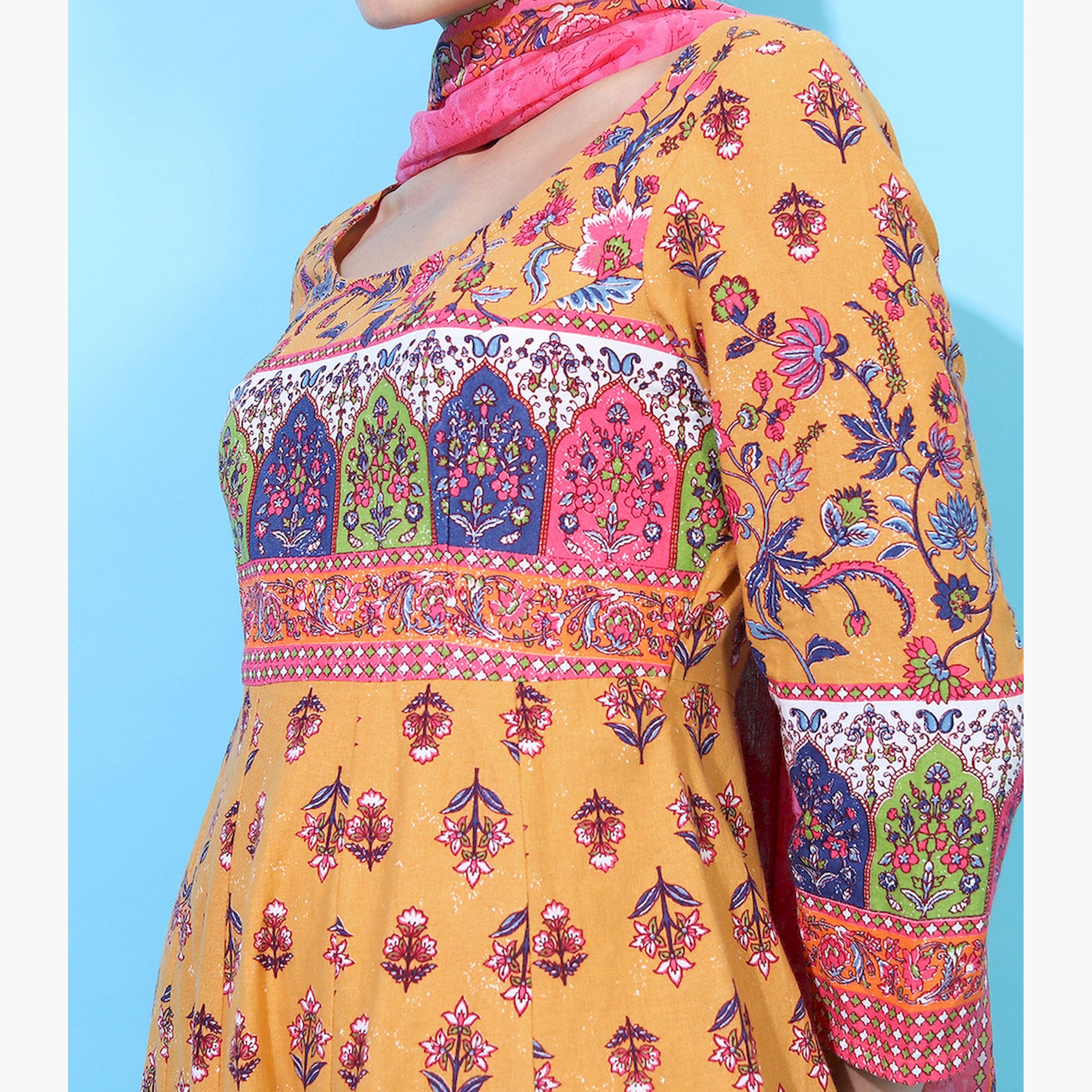 Vishudh X Styli Women Mustard Yellow Floral Printed Empire Pure Cotton Kurta with Palazzos-women-clothing-ethnicwear-kurtasets-image-4
