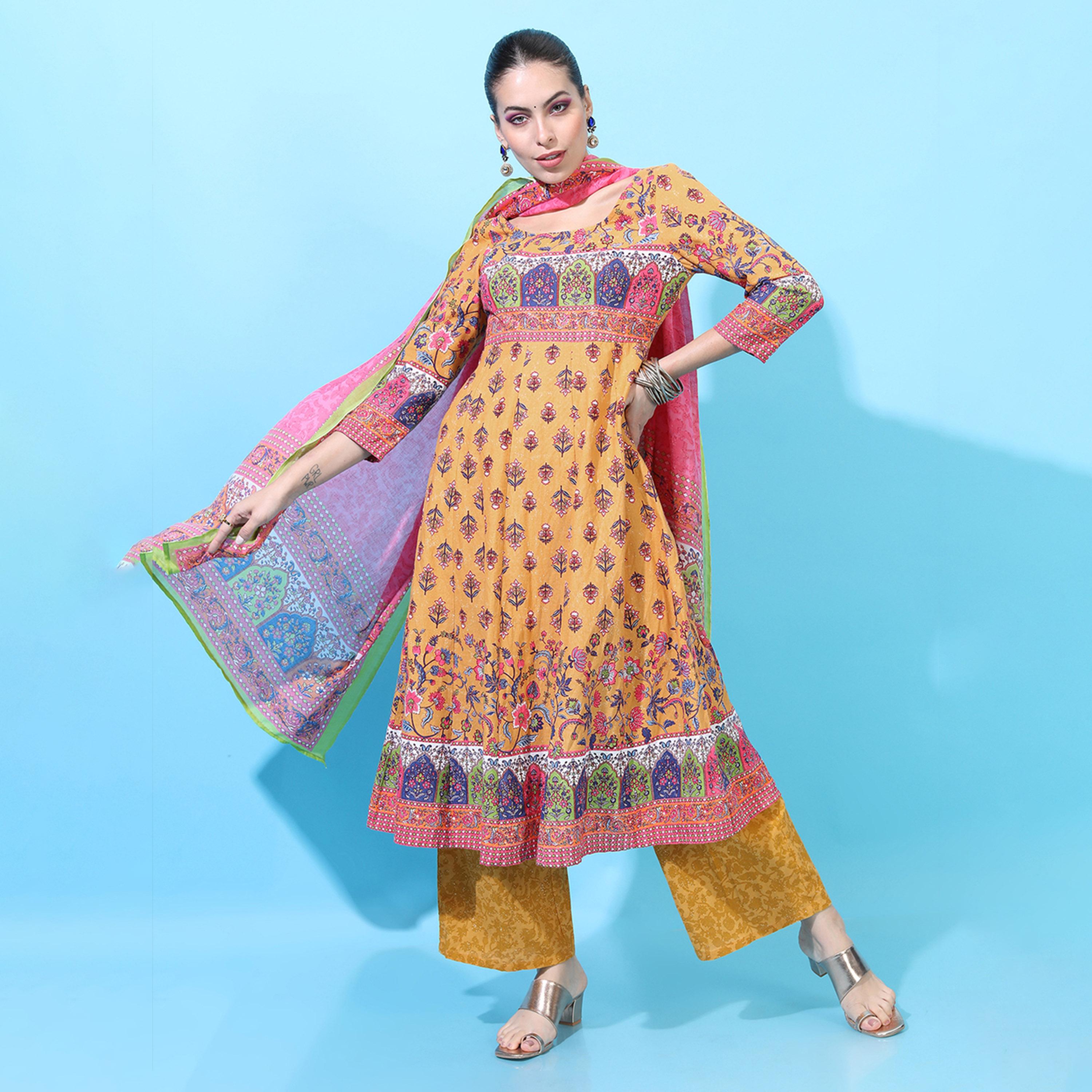 Vishudh X Styli Women Mustard Yellow Floral Printed Empire Pure Cotton Kurta with Palazzos-women-clothing-ethnicwear-kurtasets-image-5