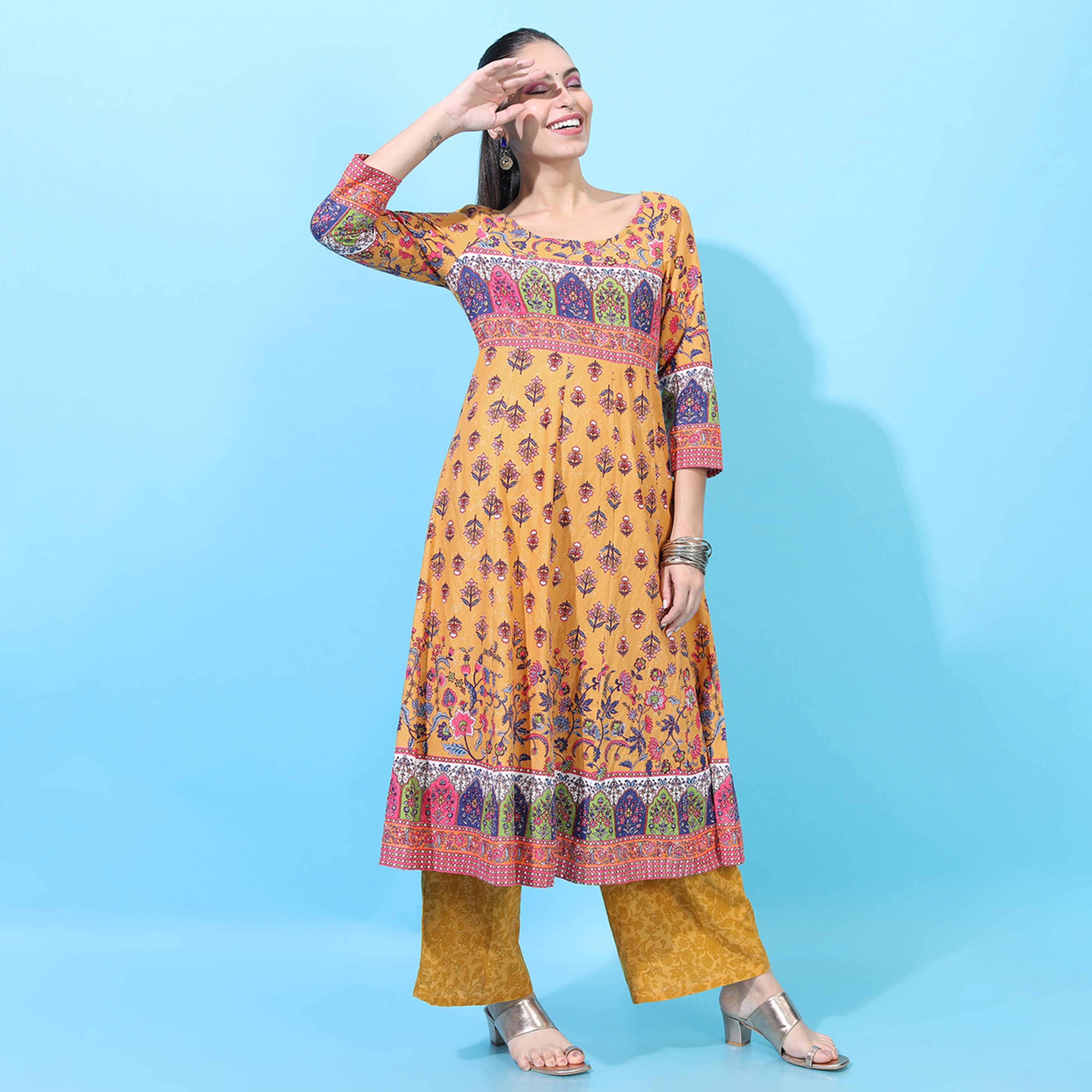 Vishudh X Styli Women Mustard Yellow Floral Printed Empire Pure Cotton Kurta with Palazzos-women-clothing-ethnicwear-kurtasets-image-6