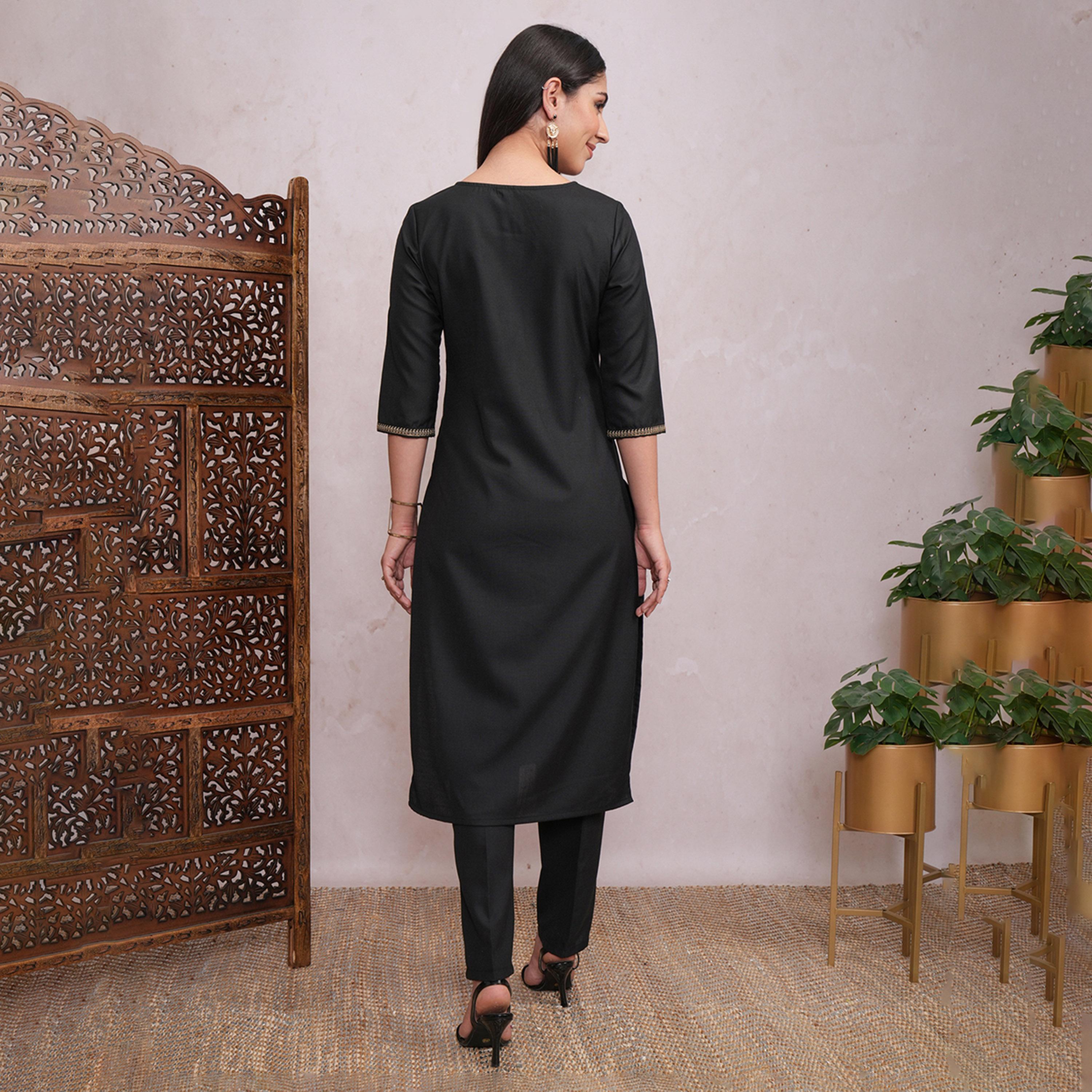 فيشود × ستايلي - كورتا مستقيمة عادية مع بنطال - أسود-women-clothing-ethnicwear-kurtasets-image-3