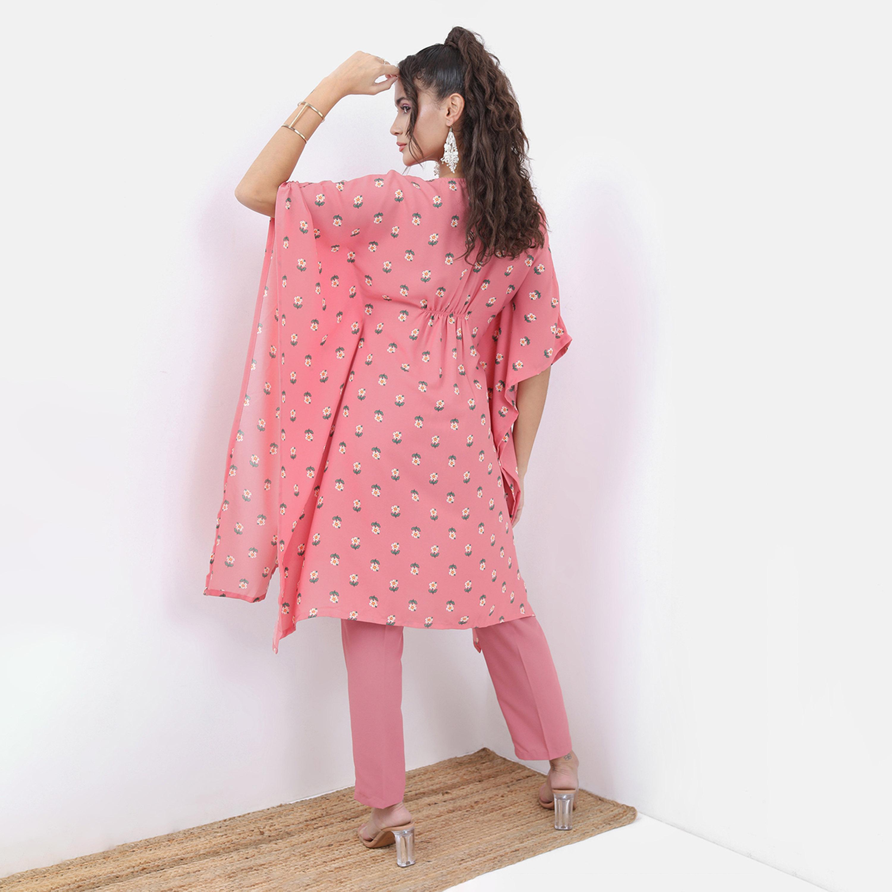 فيشود × ستايلي - قفطان بطبعة زهور بفتحة رقبة على شكل V مع بنطال - وردي-women-clothing-ethnicwear-kurtasets-image-3