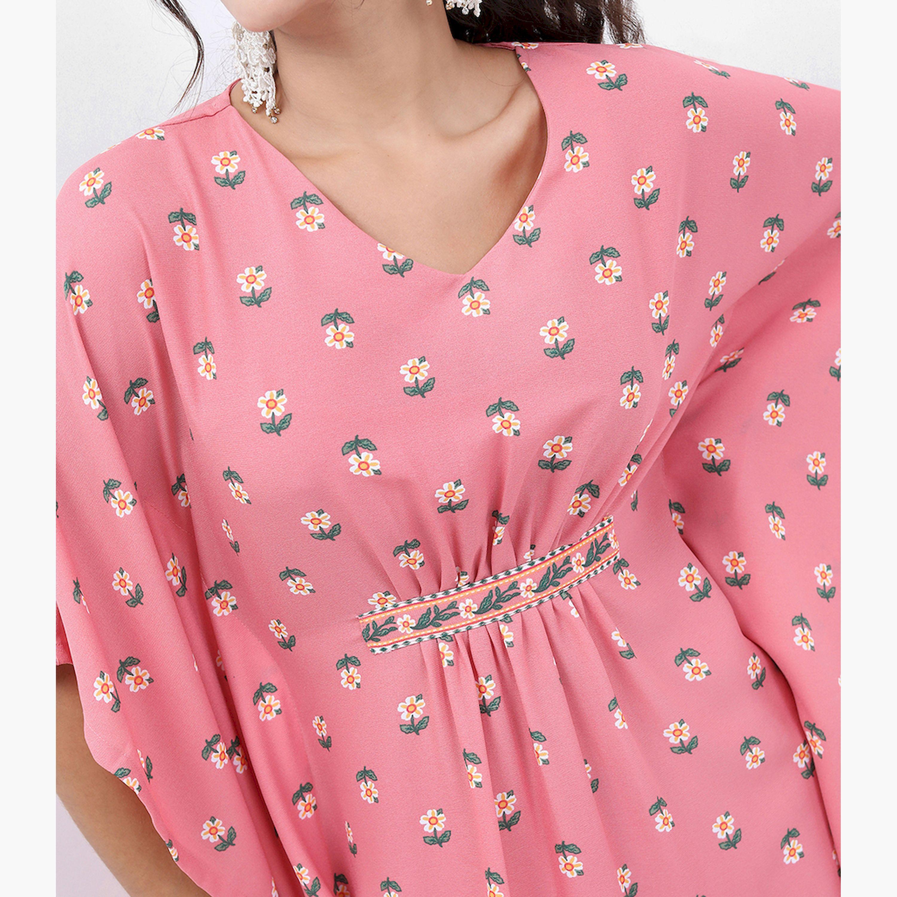 فيشود × ستايلي - قفطان بطبعة زهور بفتحة رقبة على شكل V مع بنطال - وردي-women-clothing-ethnicwear-kurtasets-image-5