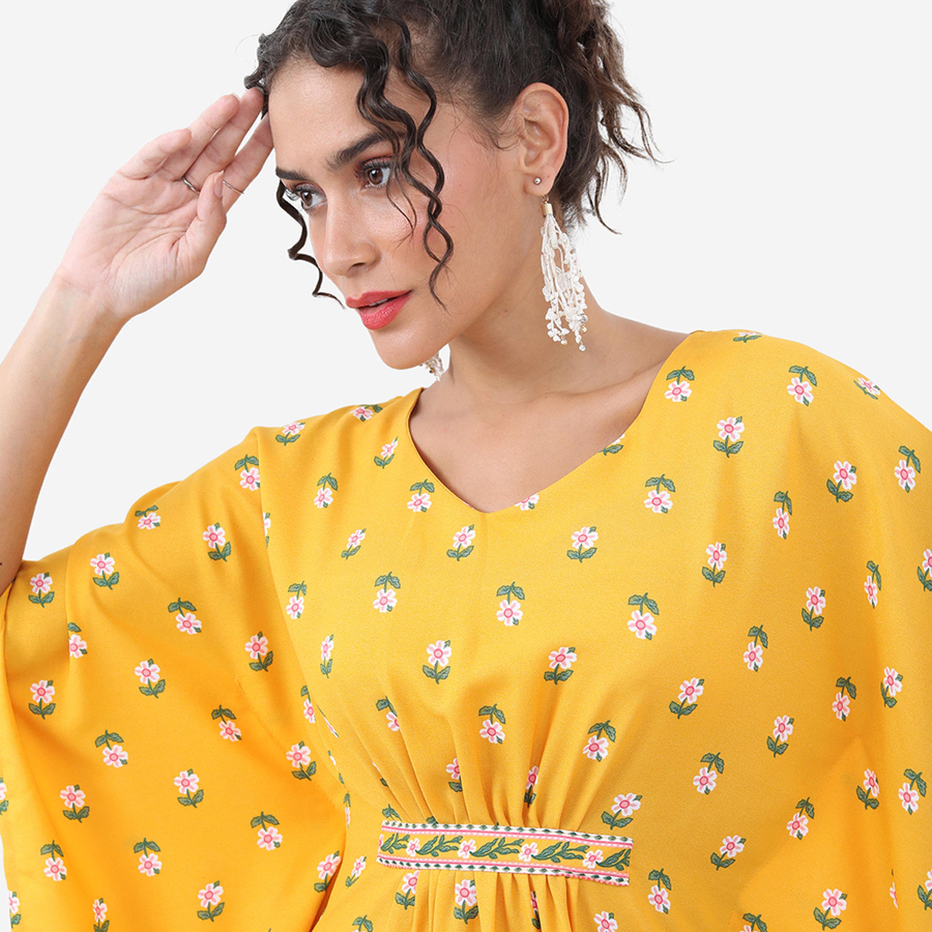 Vishudh X Styli Yellow Floral Printed Flared Sleeves Regular Kaftan With Trouser-women-clothing-ethnicwear-kurtasets-image-2