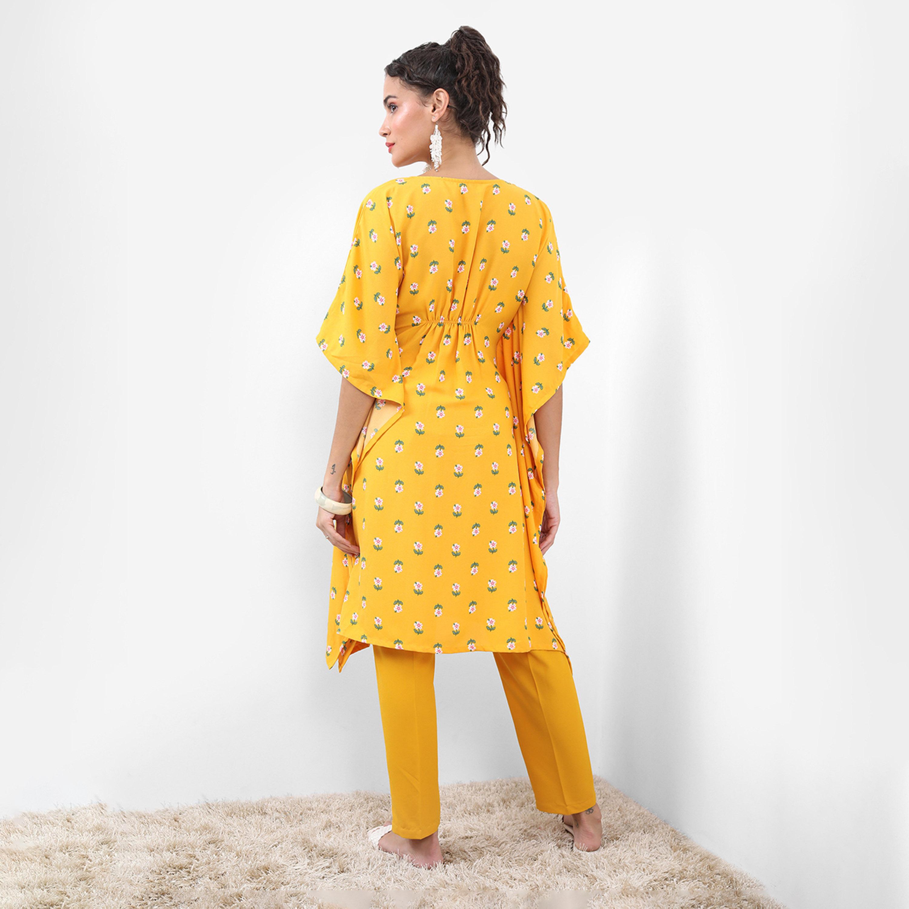 Vishudh X Styli Yellow Floral Printed Flared Sleeves Regular Kaftan With Trouser-women-clothing-ethnicwear-kurtasets-image-3