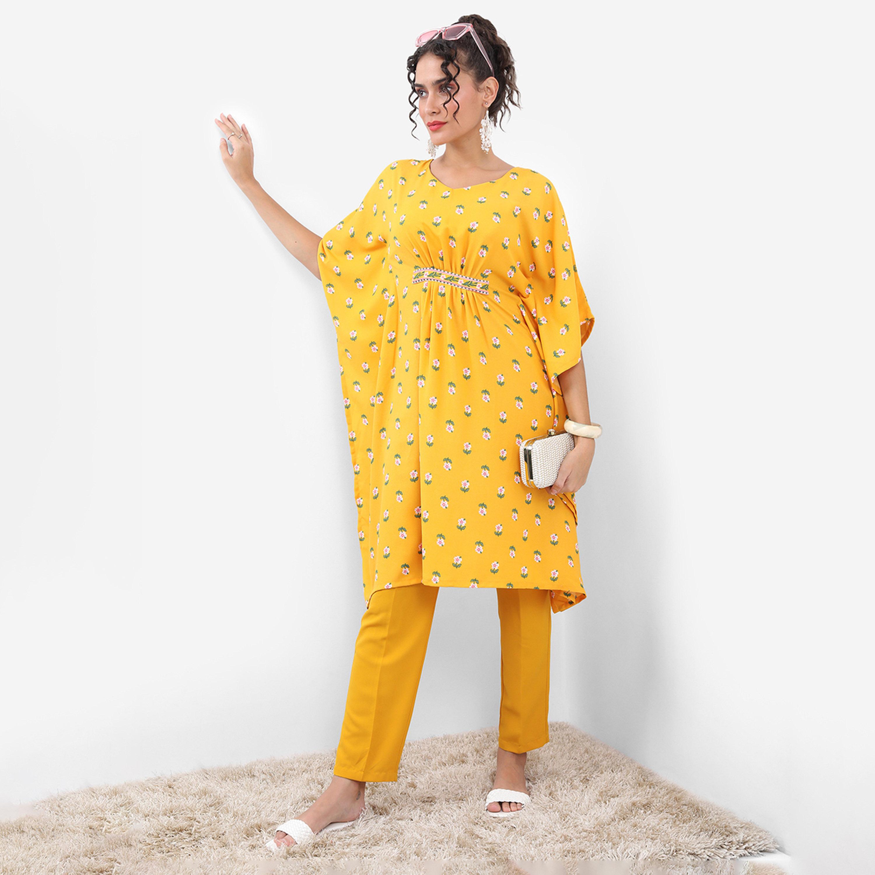 Vishudh X Styli Yellow Floral Printed Flared Sleeves Regular Kaftan With Trouser-women-clothing-ethnicwear-kurtasets-image-4