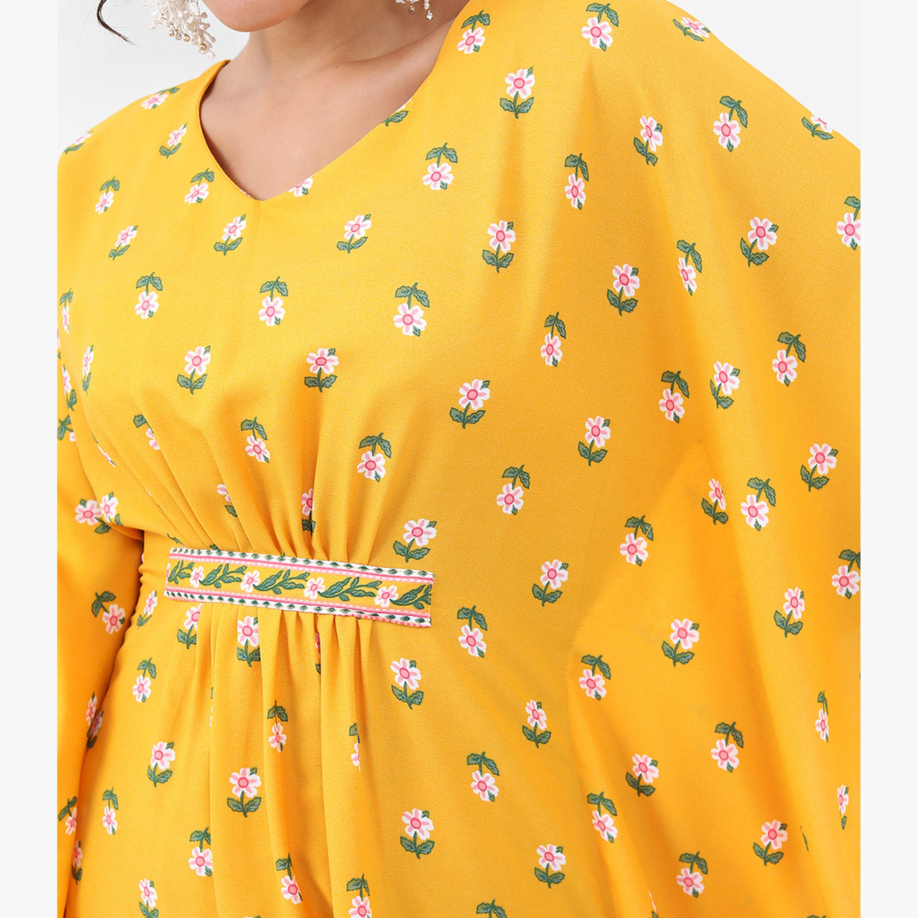 Vishudh X Styli Yellow Floral Printed Flared Sleeves Regular Kaftan With Trouser-women-clothing-ethnicwear-kurtasets-image-5