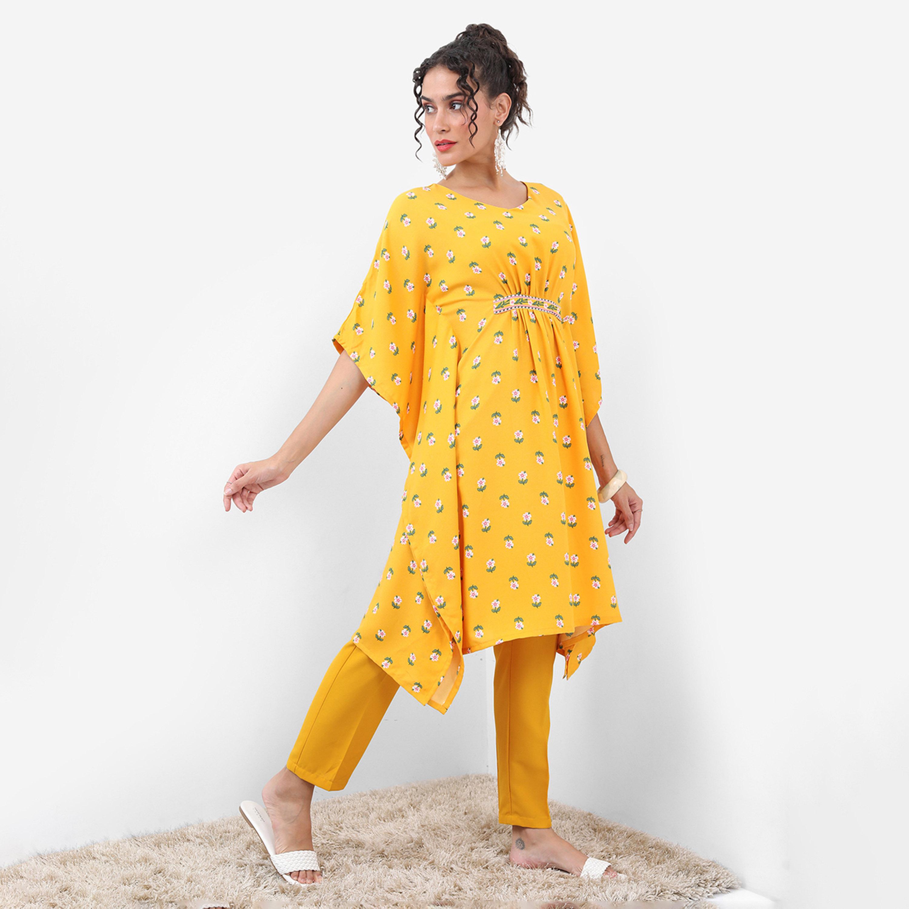 Vishudh X Styli Yellow Floral Printed Flared Sleeves Regular Kaftan With Trouser-women-clothing-ethnicwear-kurtasets-image-6