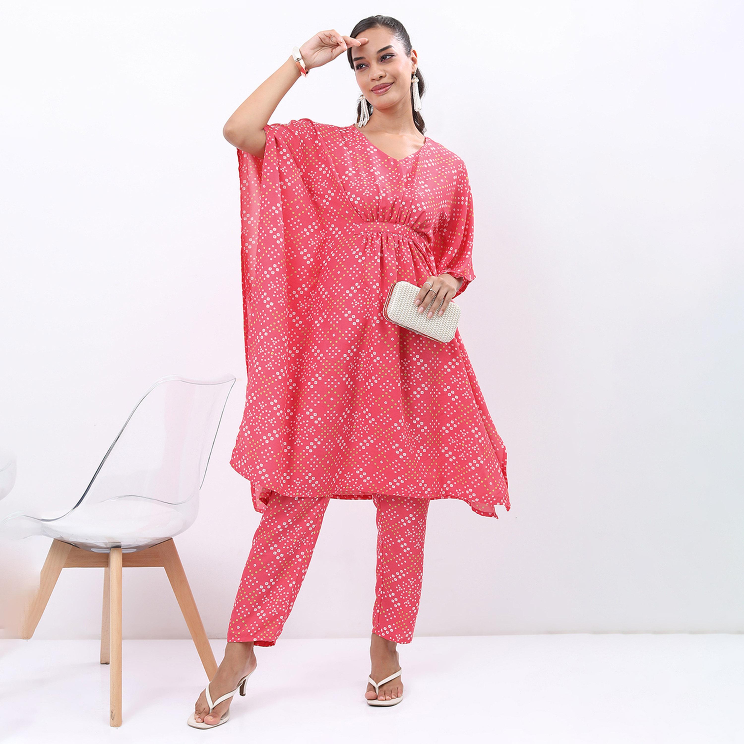 Vishudh X Styli Pink & White Ethnic Motifs Printed Kaftan Kurta With Trousers-women-clothing-ethnicwear-kurtasets-image-1