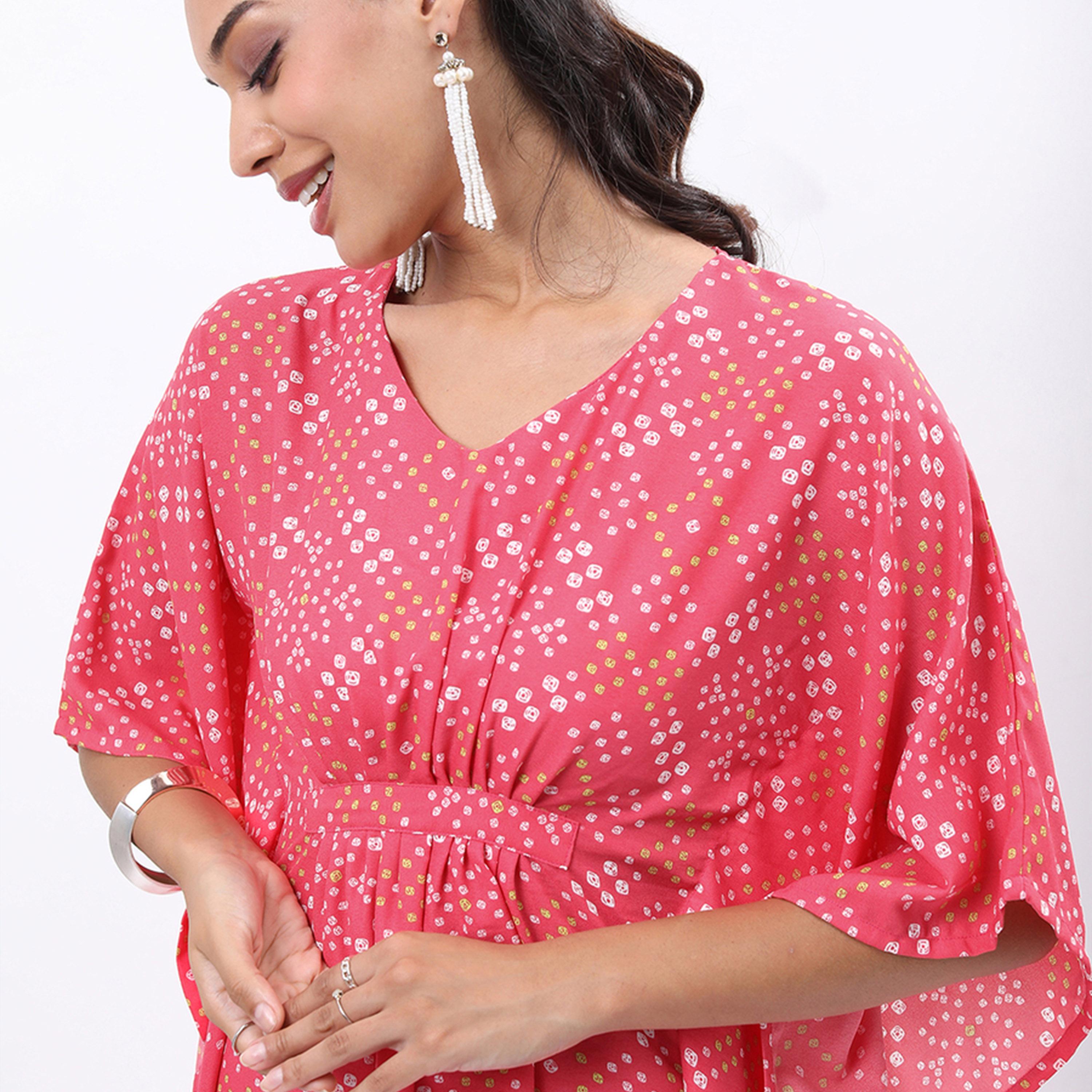 فيشود × ستايلي - قفطان كورتا مطبوع بنقشات عرقية مع بنطال - وردي وأبيض-women-clothing-ethnicwear-kurtasets-image-2