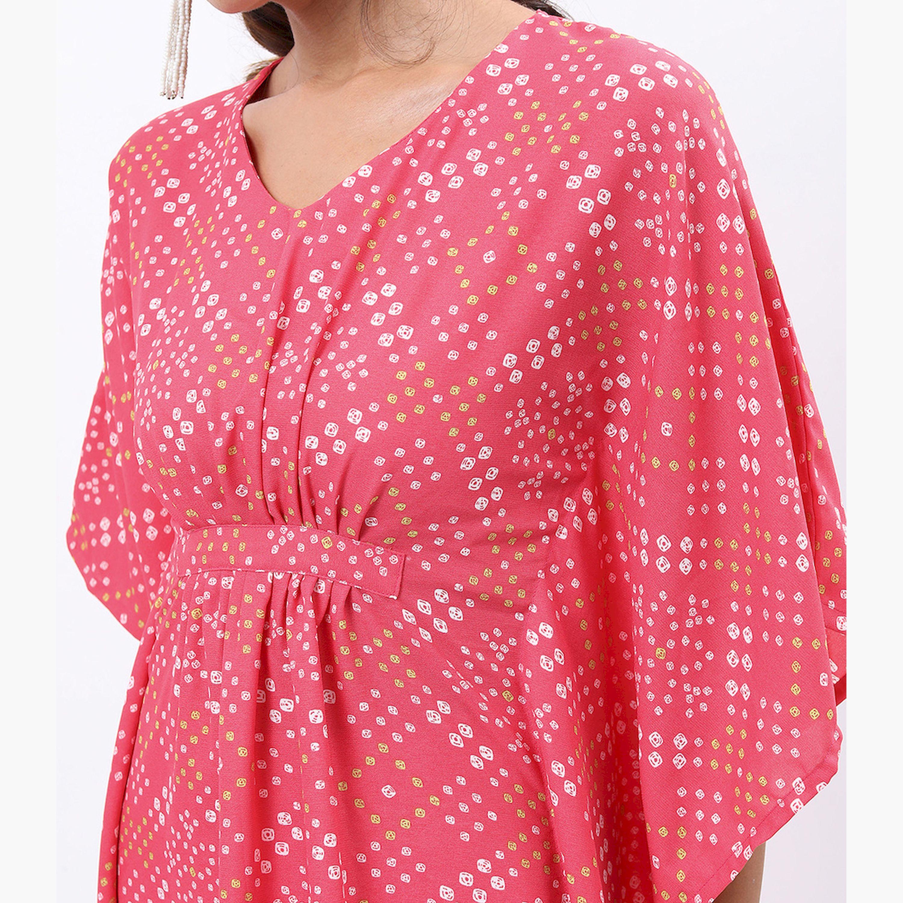 فيشود × ستايلي - قفطان كورتا مطبوع بنقشات عرقية مع بنطال - وردي وأبيض-women-clothing-ethnicwear-kurtasets-image-5