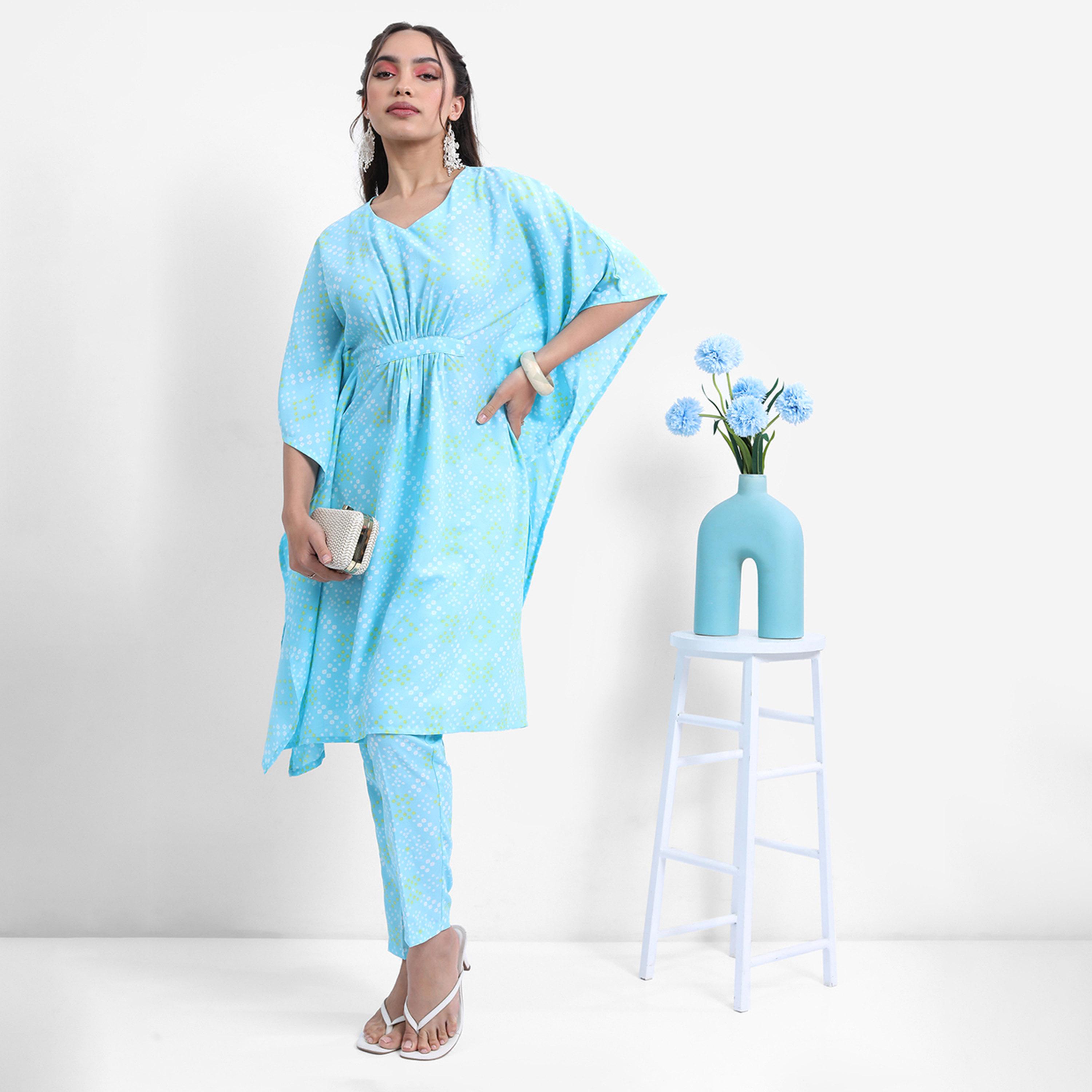 Vishudh X Styli Blue Bandhani Printed Flared Sleeves Kaftan With Trousers-women-clothing-ethnicwear-kurtasets-image-1