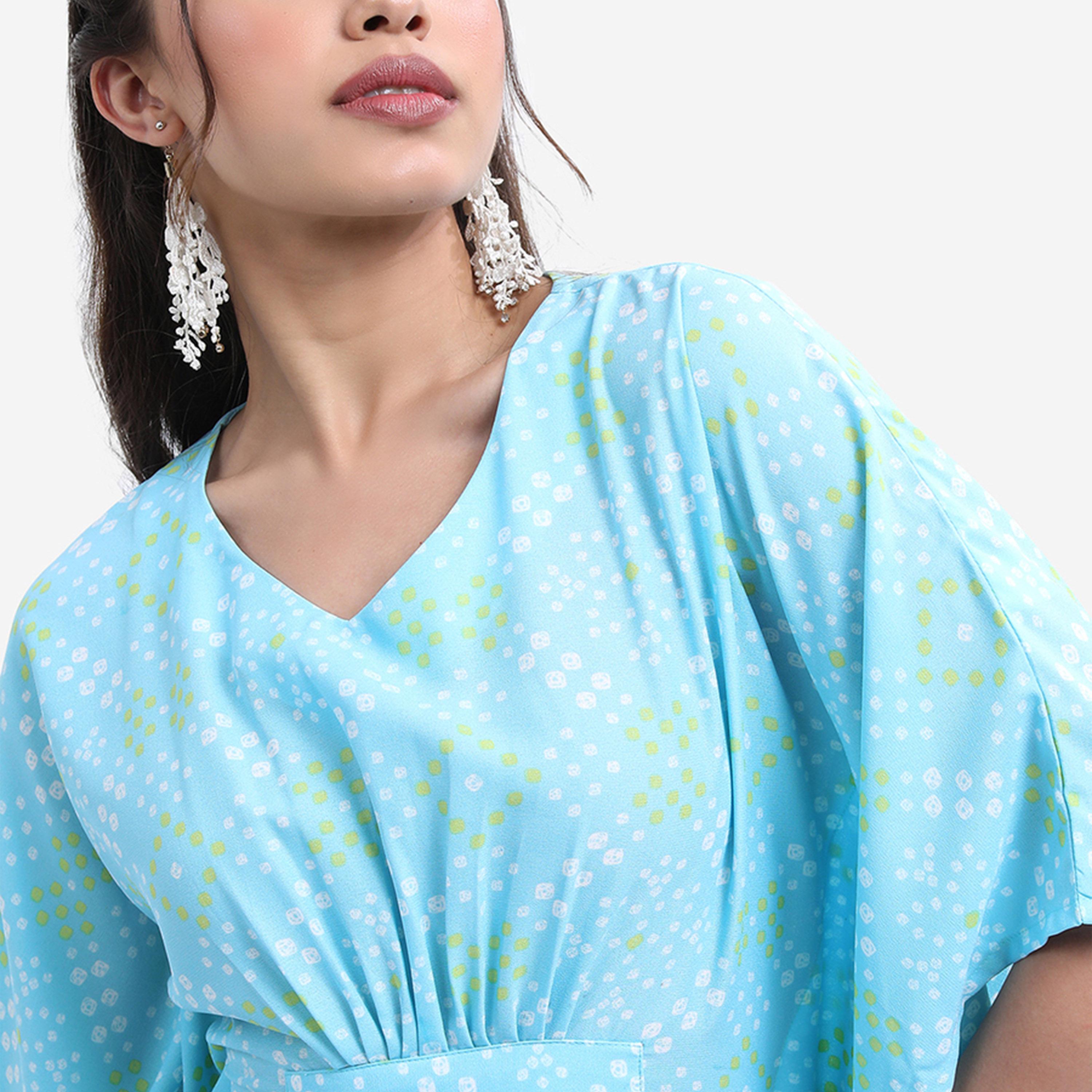 Vishudh X Styli Blue Bandhani Printed Flared Sleeves Kaftan With Trousers-women-clothing-ethnicwear-kurtasets-image-2