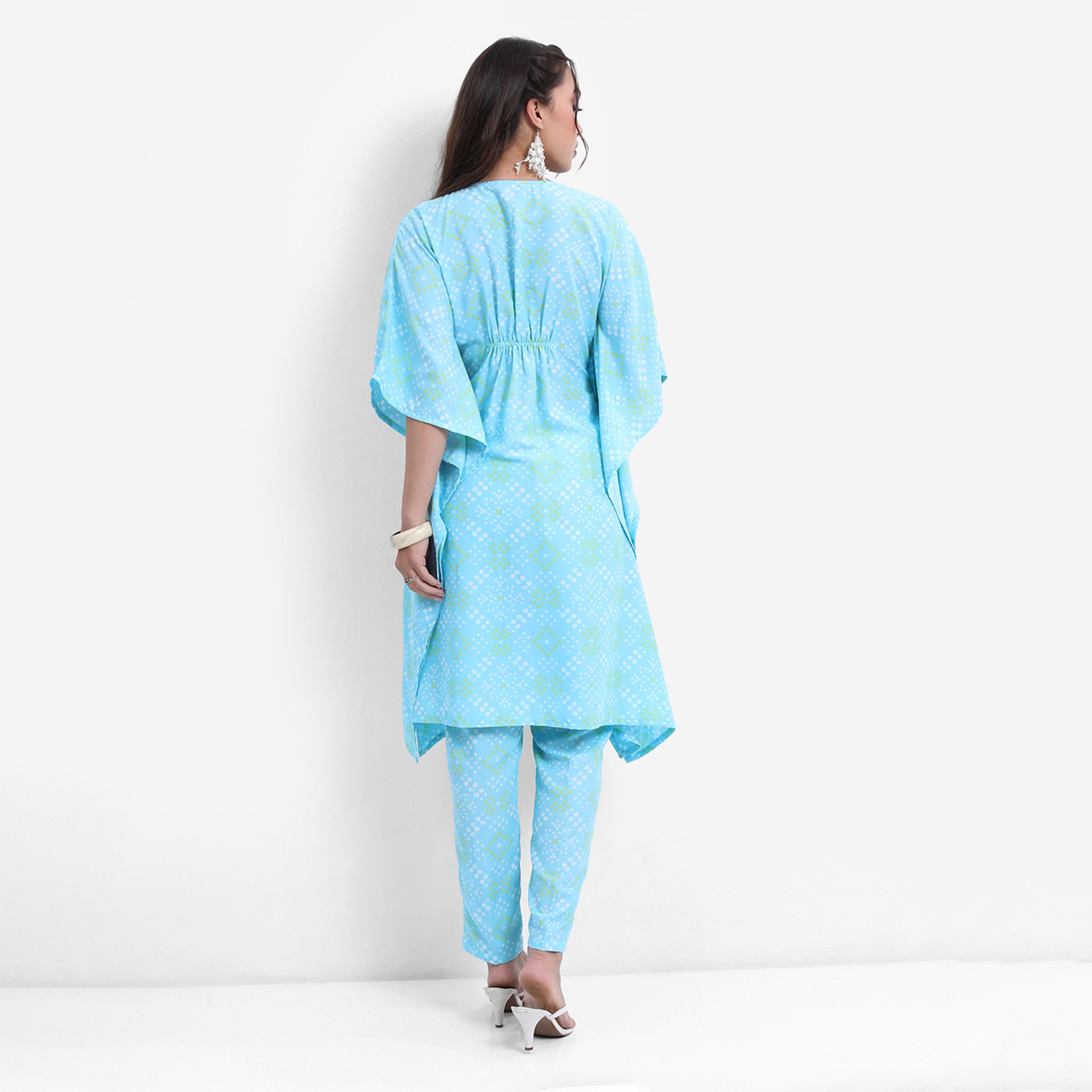 Vishudh X Styli Blue Bandhani Printed Flared Sleeves Kaftan With Trousers-women-clothing-ethnicwear-kurtasets-image-3