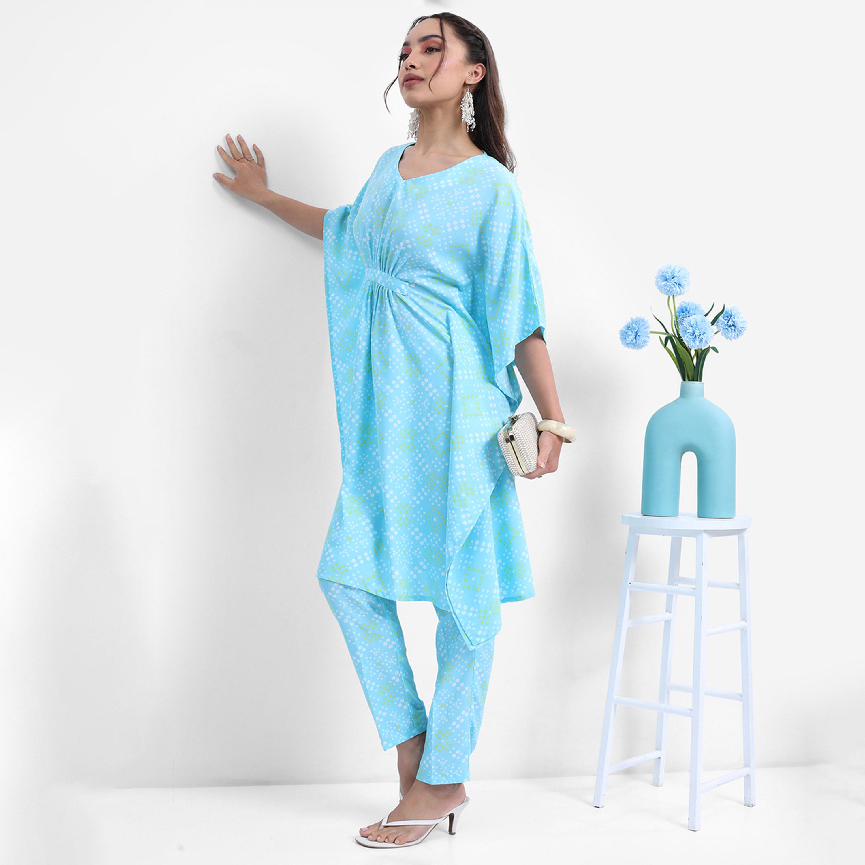 Vishudh X Styli Blue Bandhani Printed Flared Sleeves Kaftan With Trousers-women-clothing-ethnicwear-kurtasets-image-4