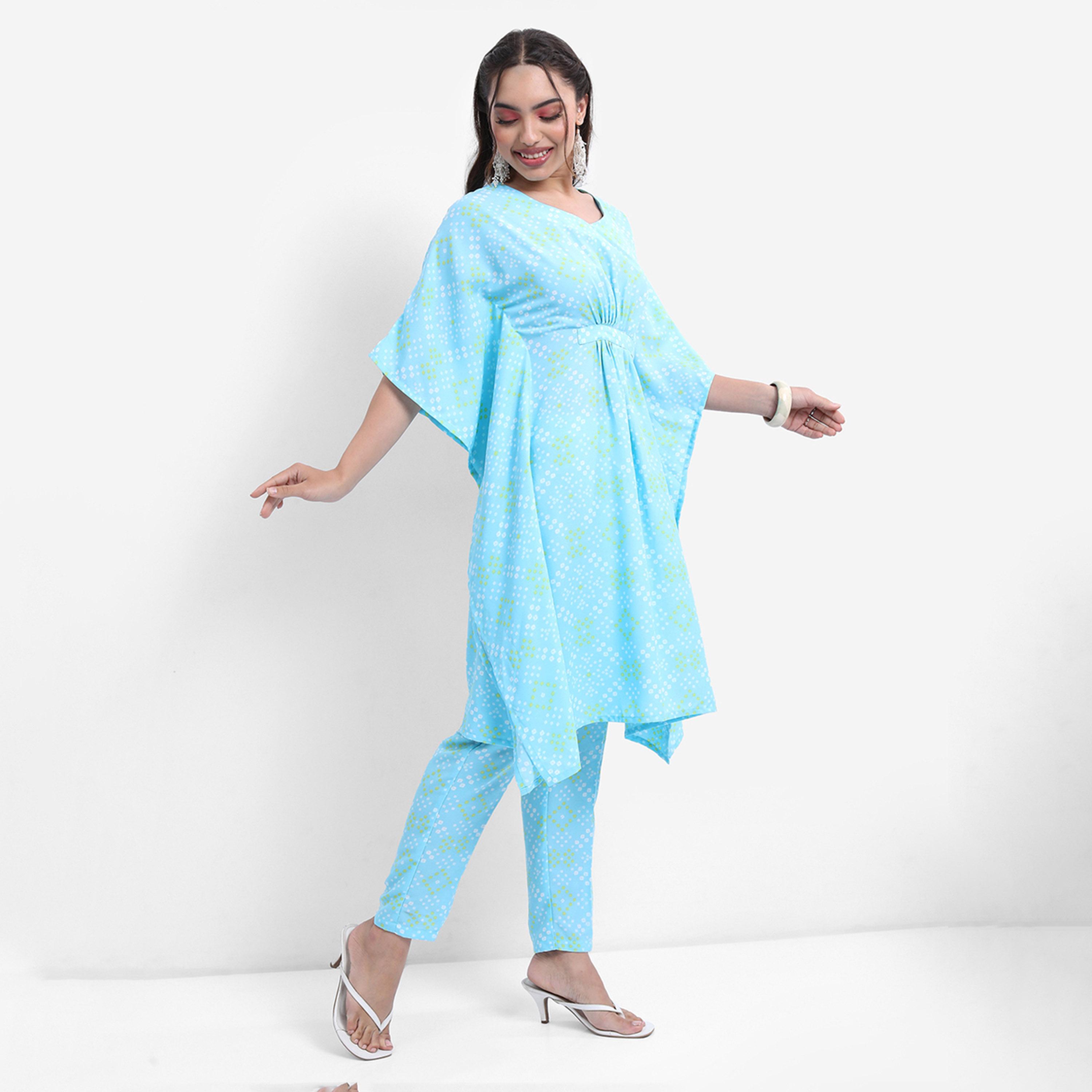 Vishudh X Styli Blue Bandhani Printed Flared Sleeves Kaftan With Trousers-women-clothing-ethnicwear-kurtasets-image-6